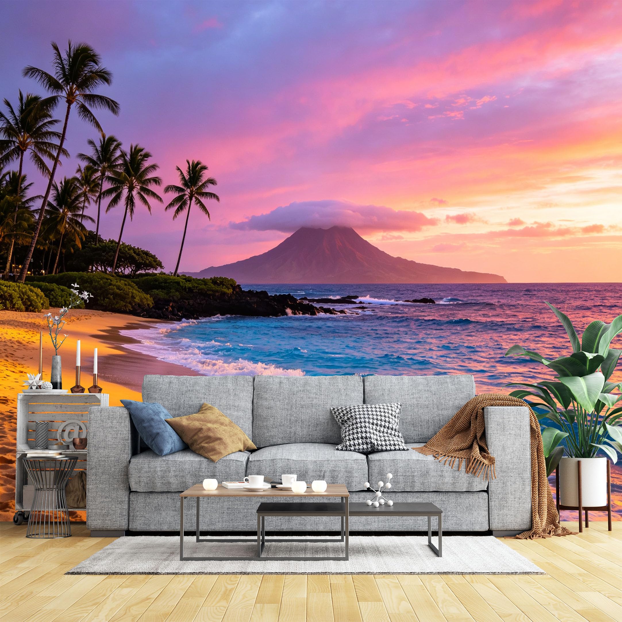 Lcythiazole Ch260604121 Custom Size Wall Murals Purple Sunset Volcano Tropical Beach Wall Murals Coastal Scenery Wallpaper Large Photo Wallpaper Self-Adhesive Removable Wallpaper For Living Room