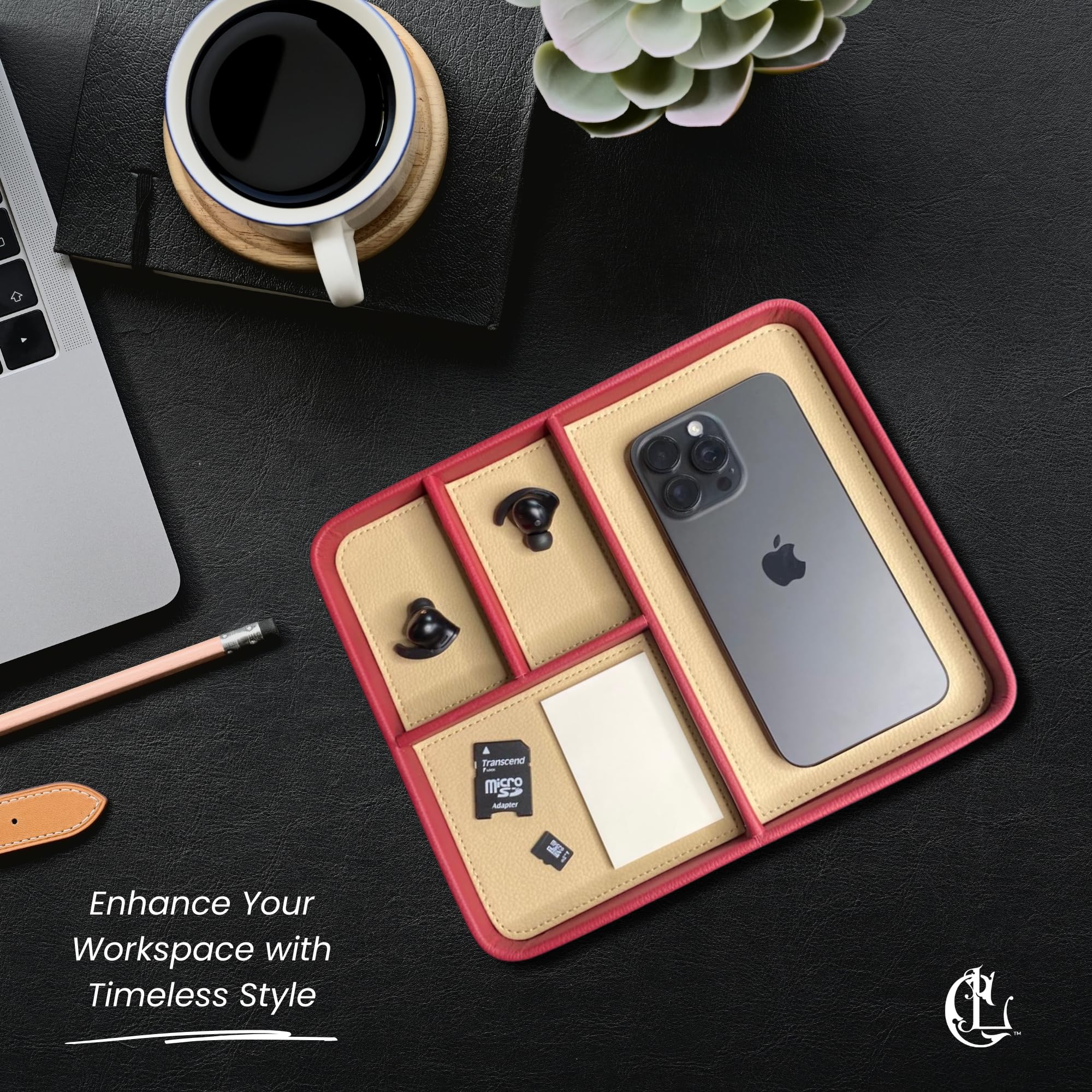 The Chill Tray - Desk Organiser Valet Tray - Premium Vegan Leather, EDC Catchall, Versatile Storage, Phone, Jewellery, Office Accessories, Keys, Watch, Bedside Table Caddy (Rhubarb & Custard) - Image 2