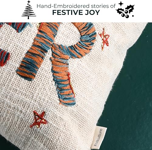 Miniatura 3 de Folkulture Fundas de almohada navideñas de 18 x 18 pulgadas, almohadas decorativas para sofá para sala de estar, 100% algodón, estilo bohemio,