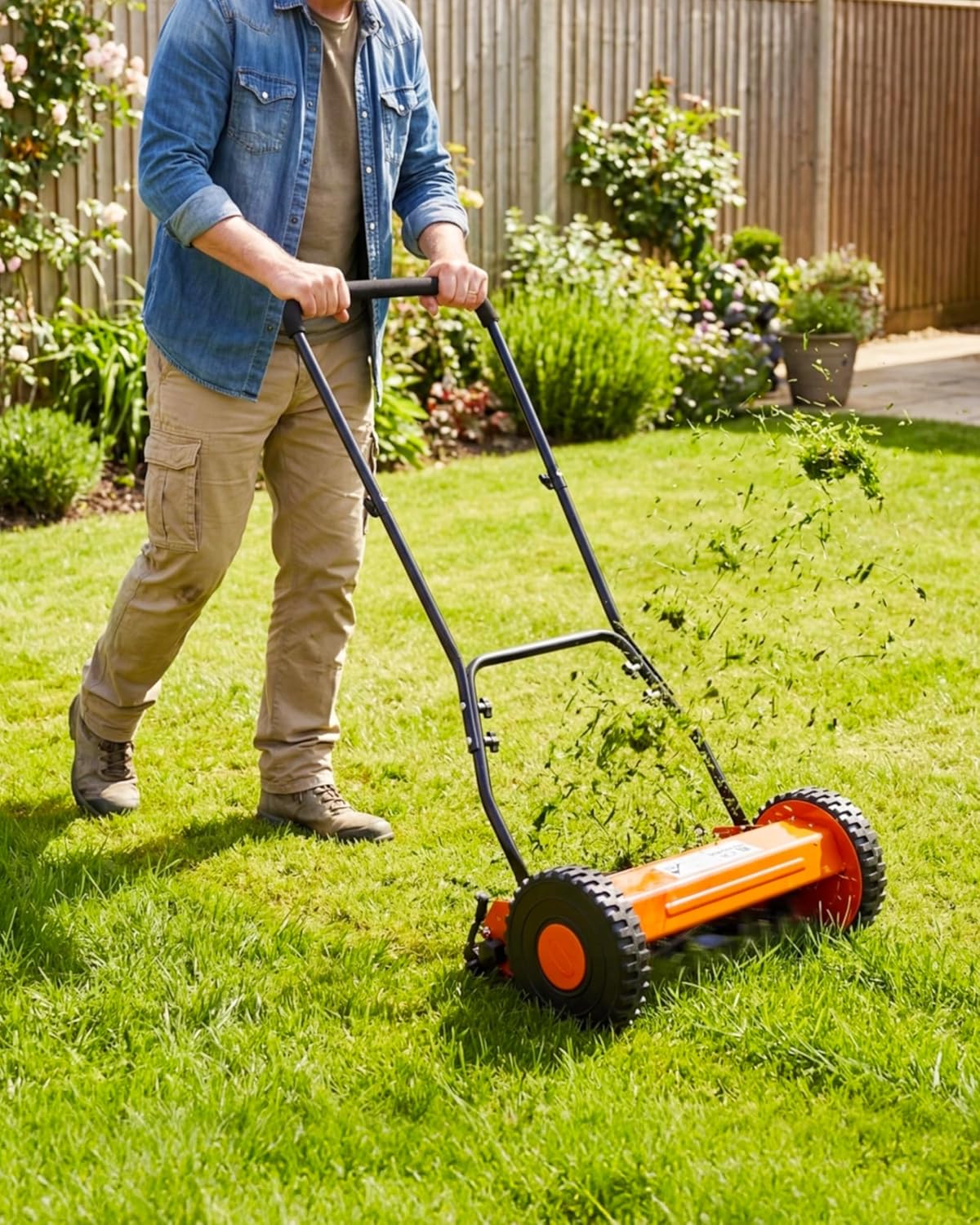 Push Reel Lawn Mower, 14 Inch 5-Blade Manual Reel Lawn Mower, Walk-Behind Lawn Mower with Adjustable Cutting Height, Orange