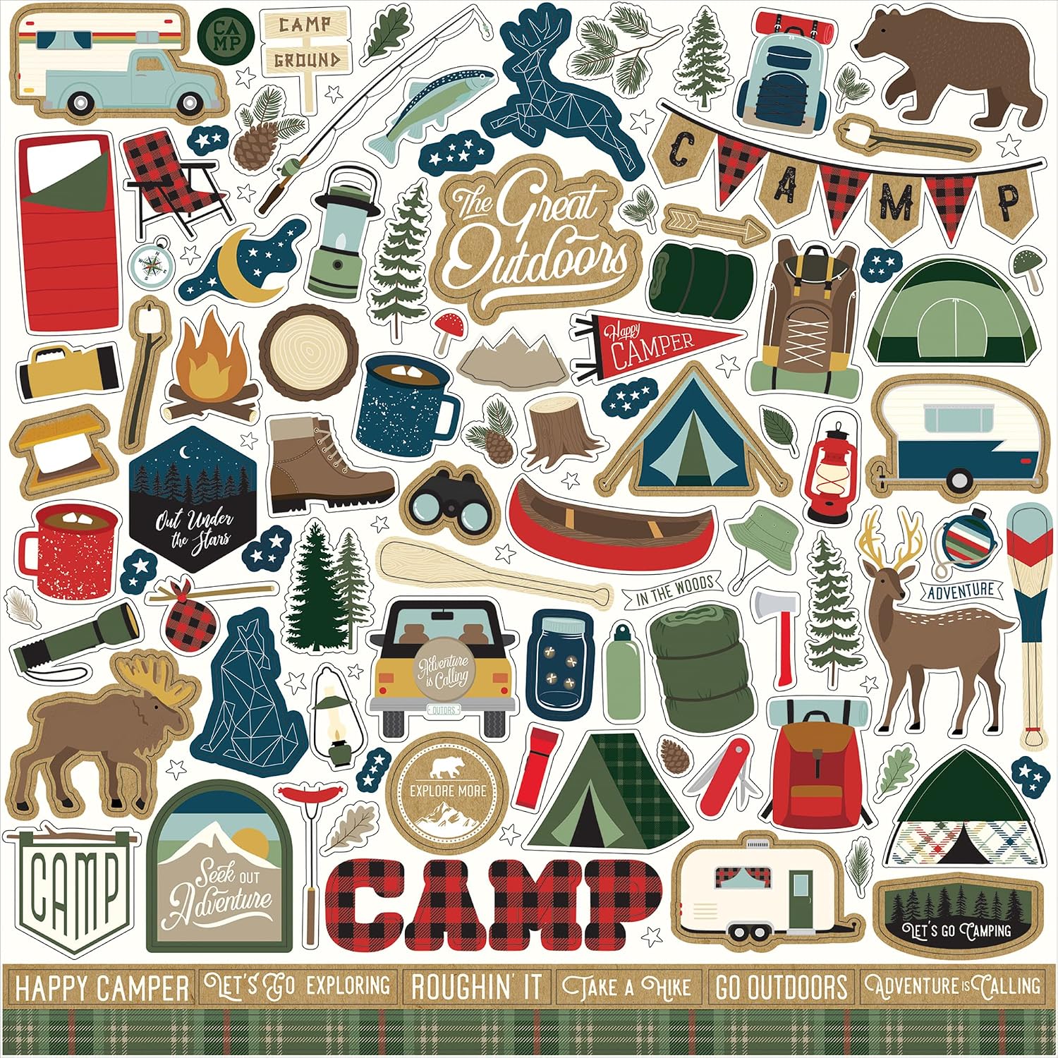 Camping Scrapbook Stickers - Decorative Camper Stickers for Scrapbooking, Journal, Camp Crafts - Camper Trailer, Cabin Theme Camping Scrapbook Sticker Set - Total 2 Items