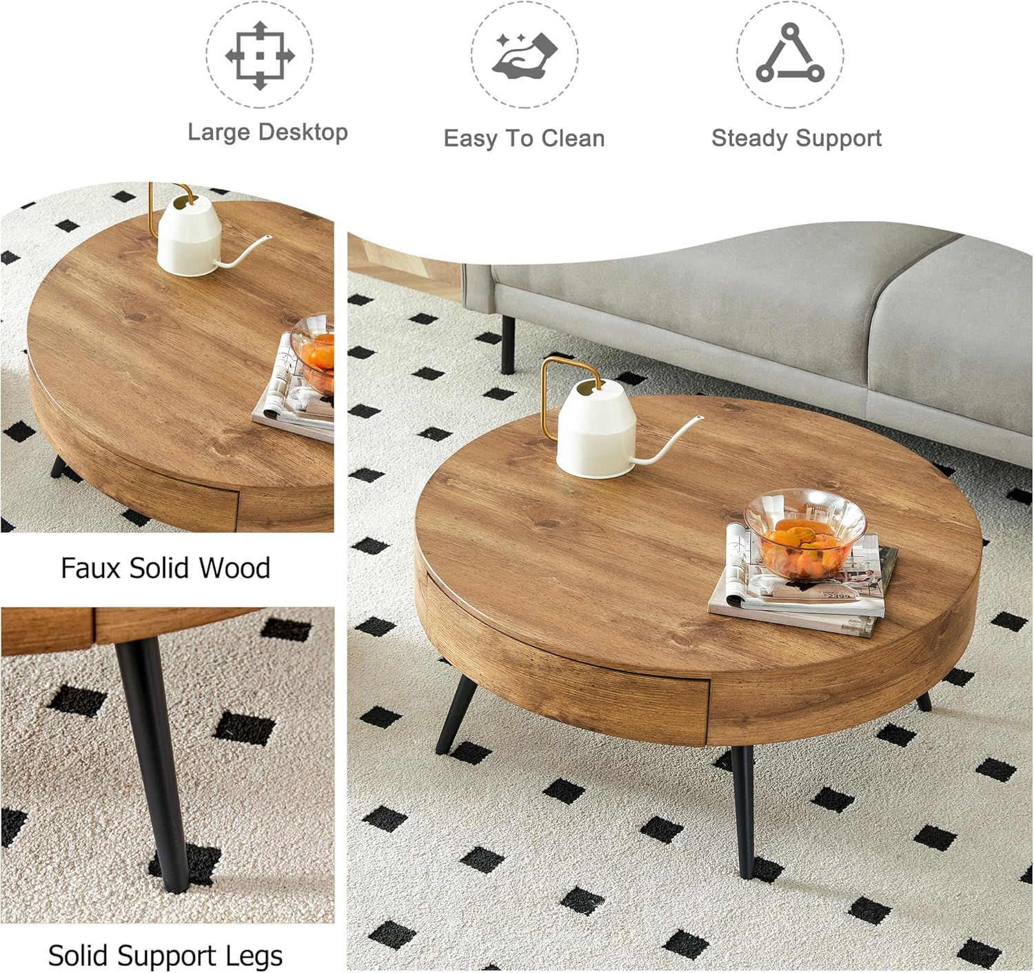 31.5" Round Coffee Table with Storage, Round Wood Coffee Table with Metal Legs, Circle Coffee Tables for Living Room,Easy Assembly