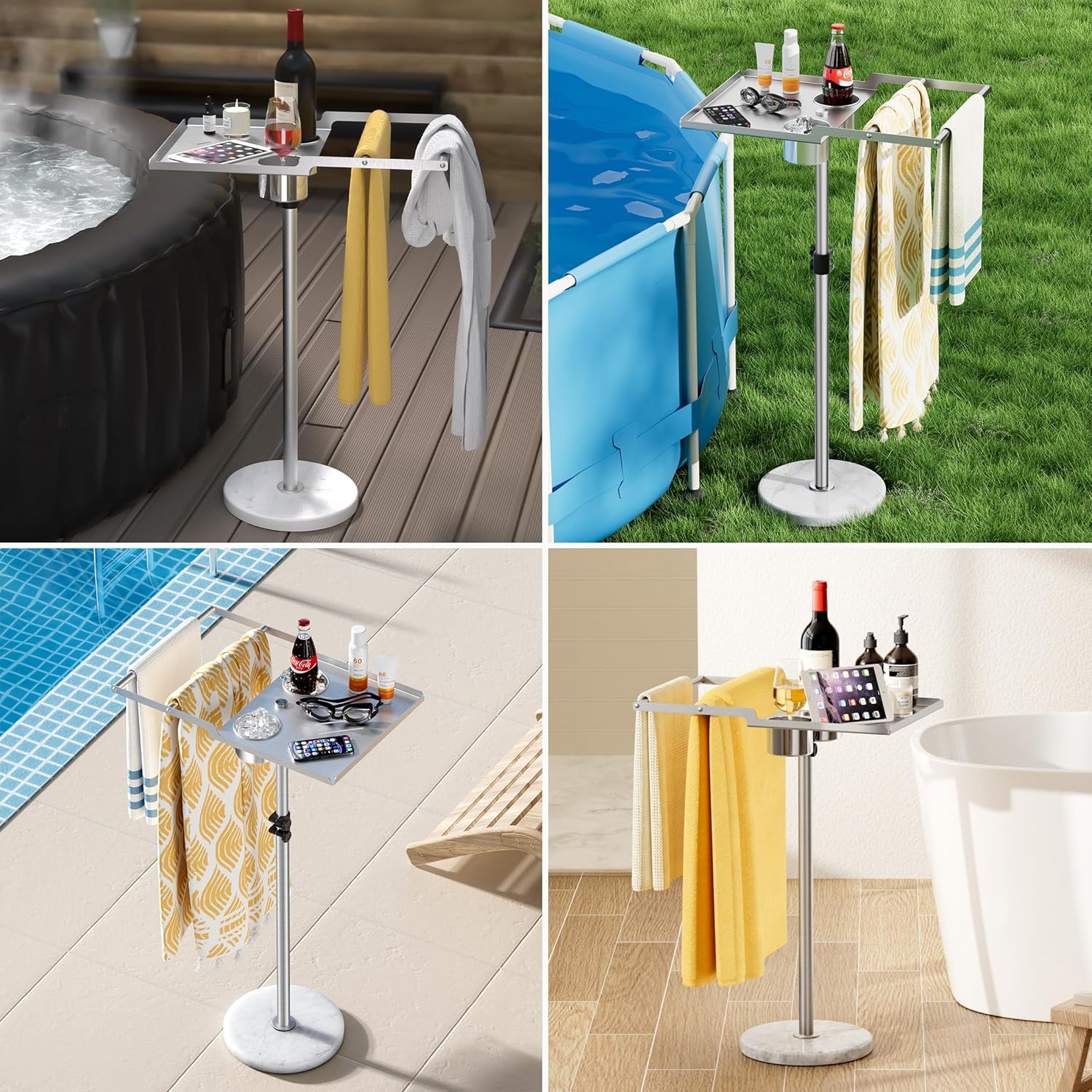 KES Adjustable Height Outdoor Towel Rack for Hot Tub, 360° Swivel Hot Tub Side Table with Drink Holders, 18/8 Stainless Steel with Weighted Marble Base, Fit Above Ground Pool, OTR201-2