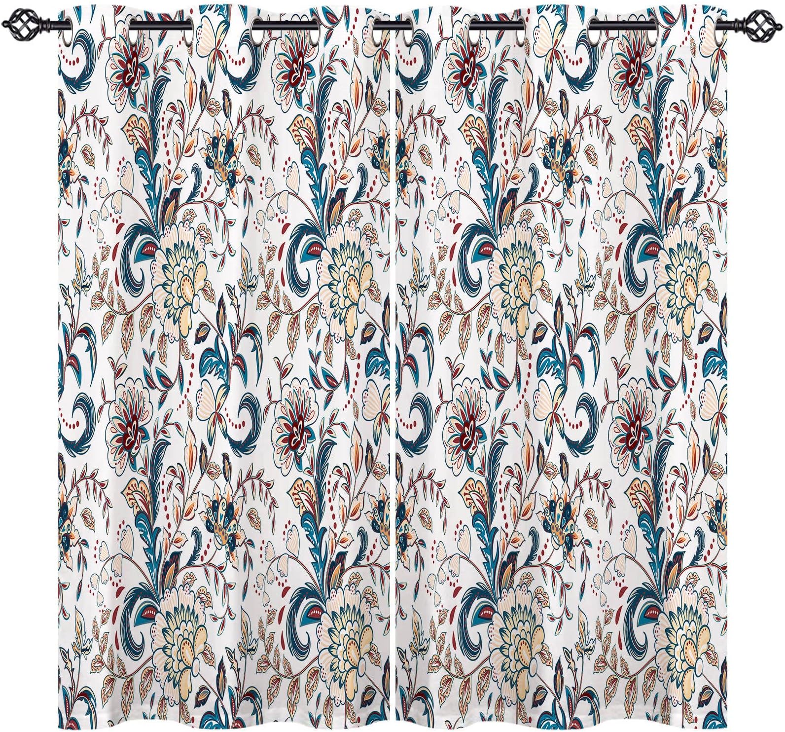 ANHOPE Floral Curtains Eyelet 80% Blackout Room Darkening Curtains Retro Style Vintage Flower Print Pattern Thermal Light Blocking Window Drapes for Bedroom Living Room 46 x 54 Inch Drop 2 Panels