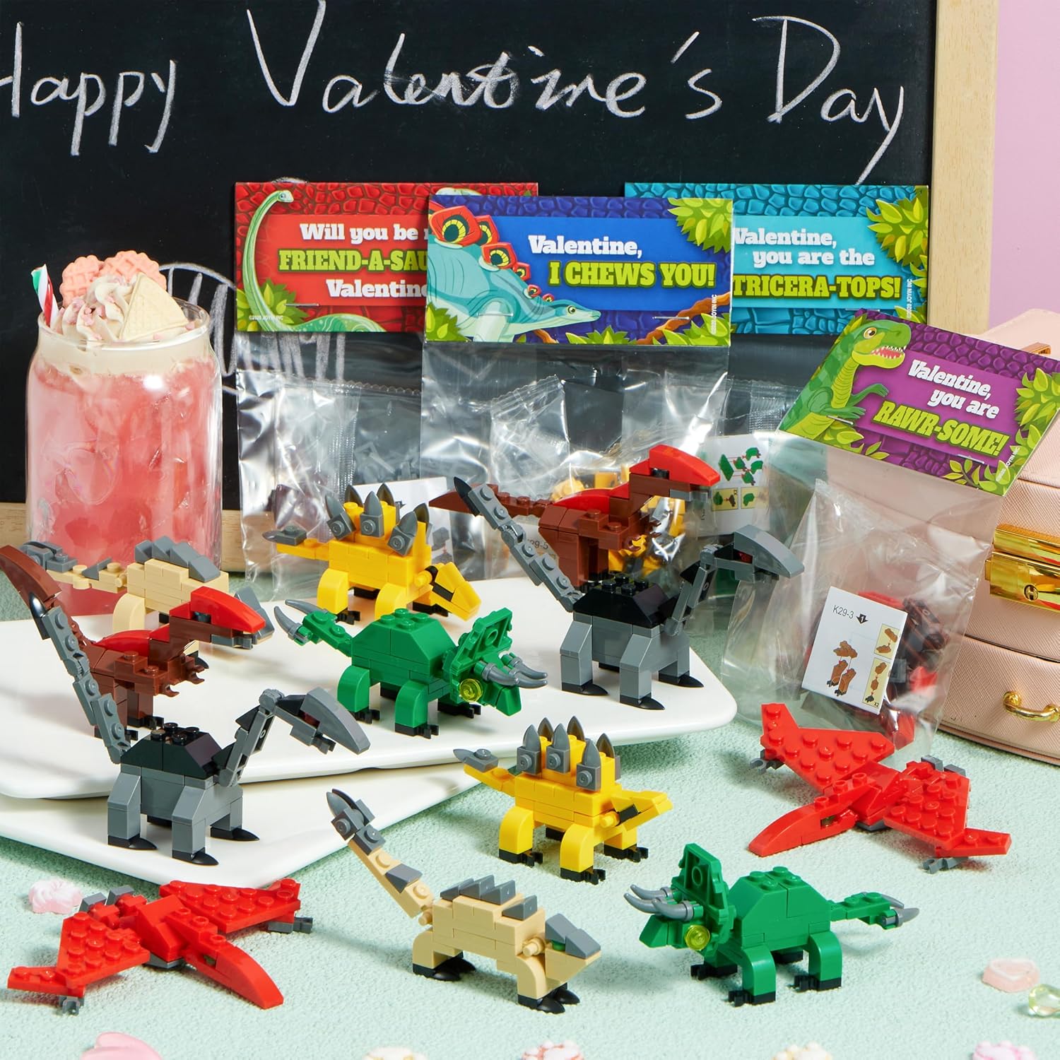 JOYIN 24 Packs Valentines Day Cards with Dinosaur Building Blocks for Gifts Party Favor, Classroom Exchange Prize, Valentine’s Greeting Cards