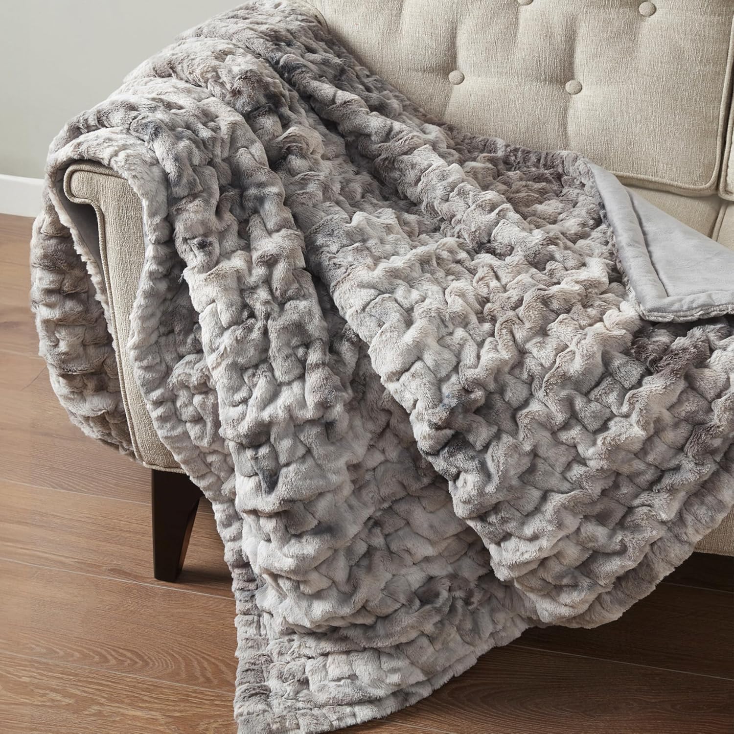 Madison Park Faux Fur Throw, Luxurious Ruched Texture, Fuzzy Warm, Plush Mink-Like Reverse, All Season, Lightweight & Cozy Blanket-Throw for Sofa, Couch, Living Room & Office 50" x 60" Gray Tie Dye - Image 2