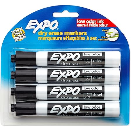 EXPO 80661 Low-Odor Dry Erase Markers, Chisel Tip, Black, 4-Count