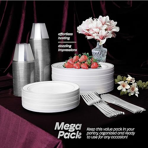 Miniatura 2 de Juego de vajilla de plástico plateado de 600 piezas para 100 invitados, platos de plástico plateado para fiestas, juegos de platos de fiesta para