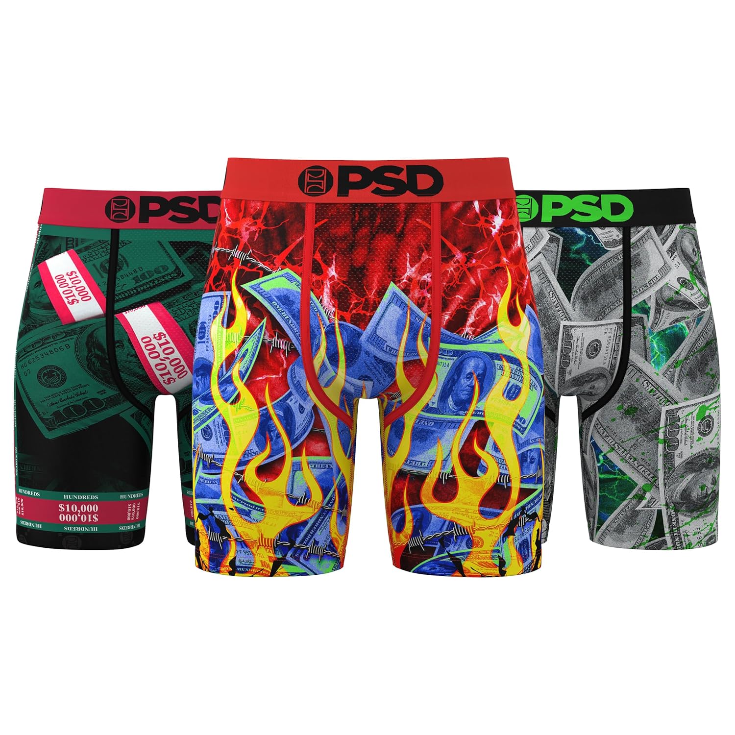PSD Underwear Mens Boxer Briefs - Money Flames Standard Length Pack Singles Soft Breathable Boxer Briefs for Men