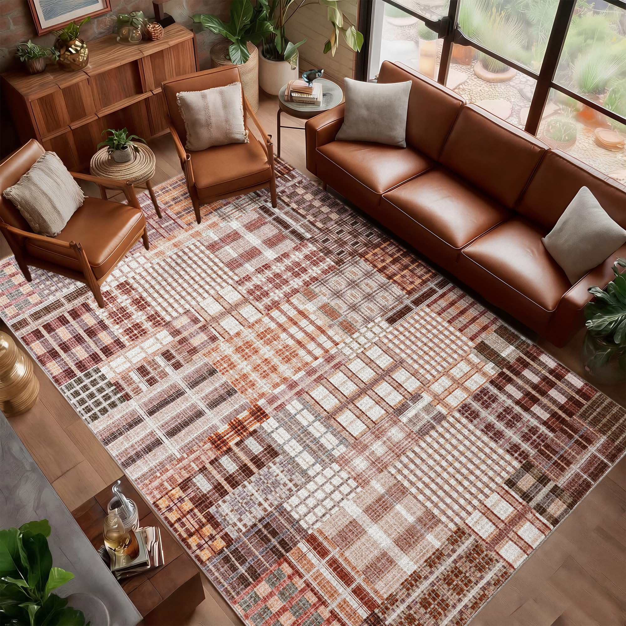 GthreeD Washable Rugs Living Room, Modern Geometric Plaid Red 120x160cm