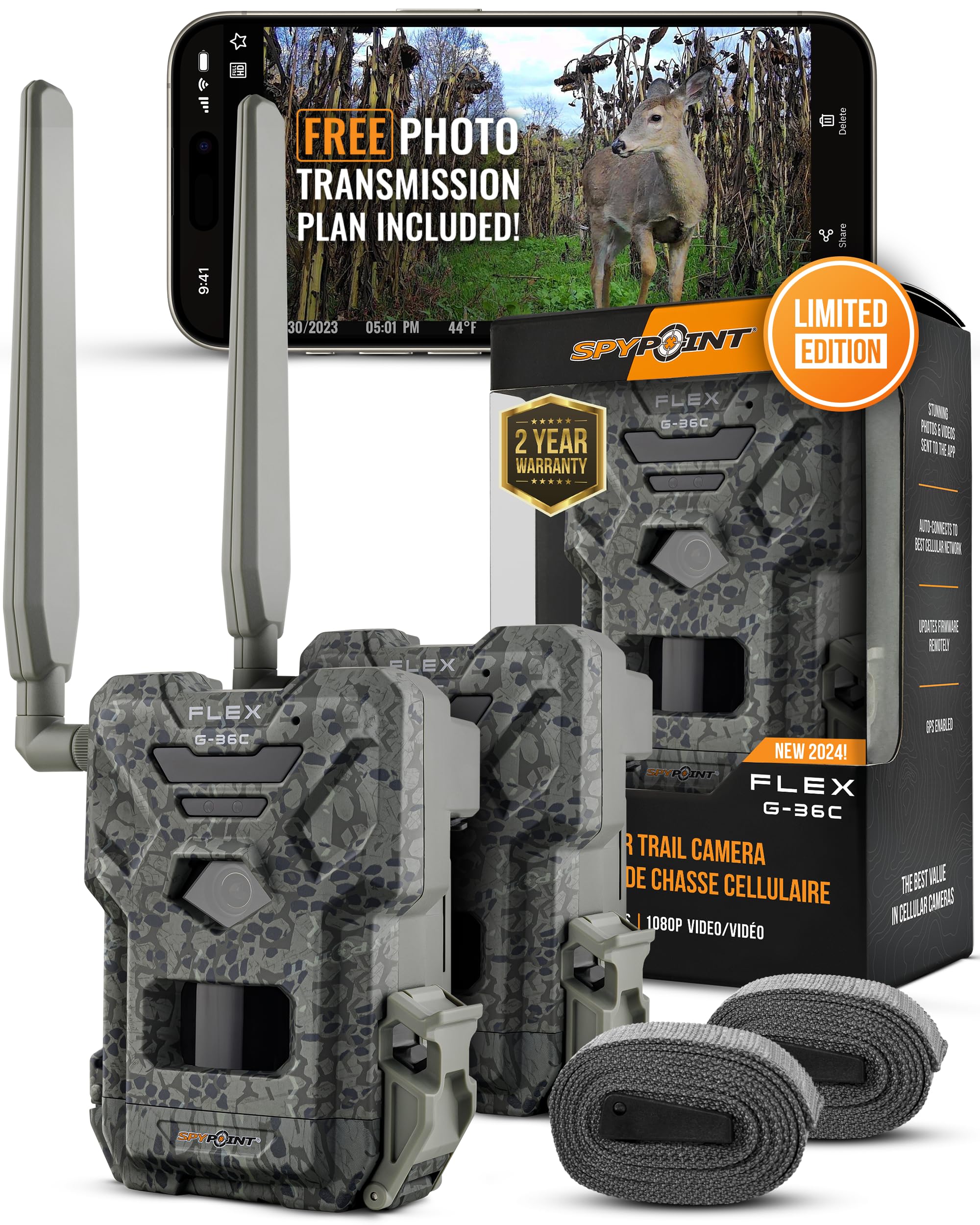 SPYPOINT Flex G-36-TWIN Camo | Outdoor Cellular Trail Camera | 1080p Video with Sound, 36 Megapixels, 0.3S Trigger Speed, 100 Flash and Detection Range | with Improved Battery Life