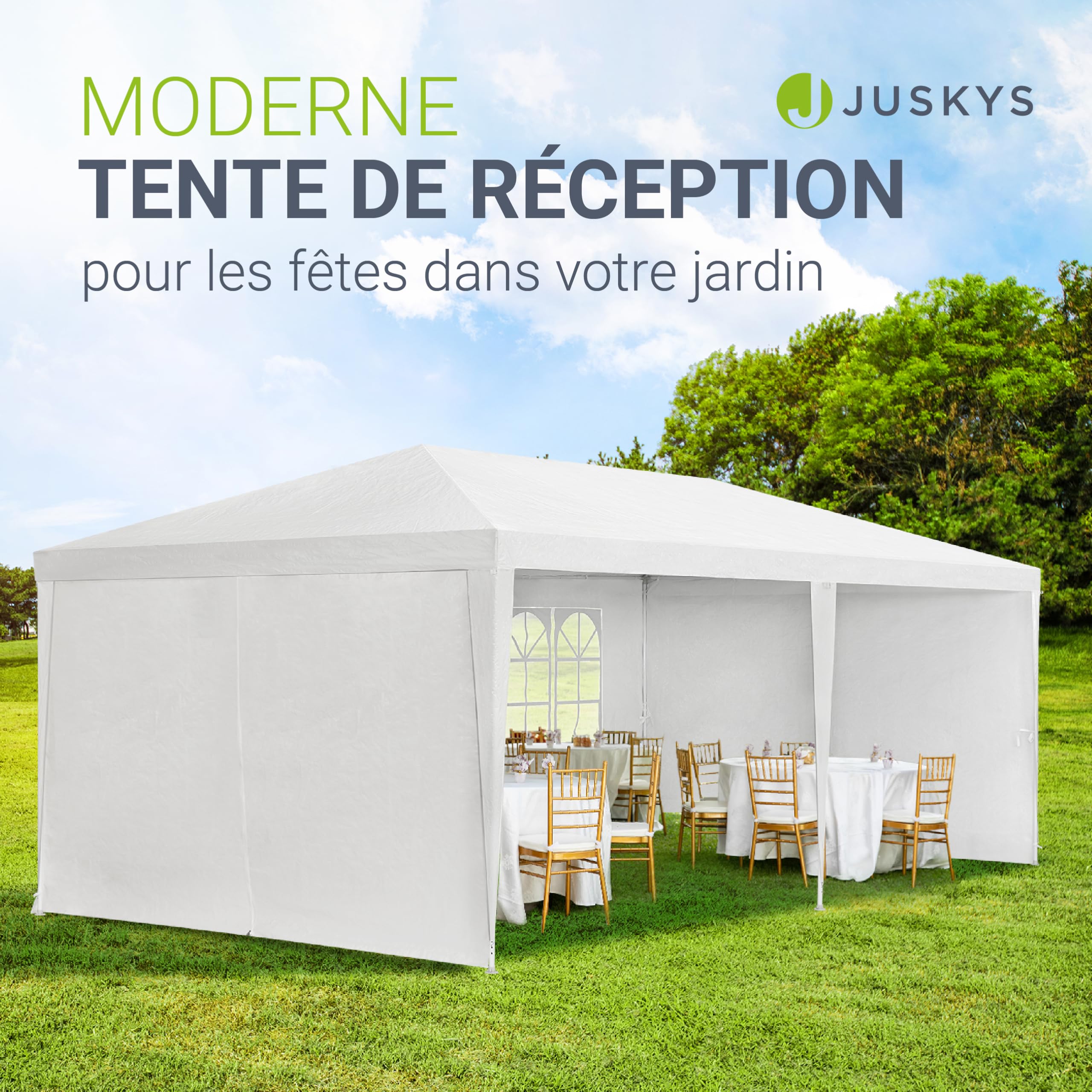 Jusyks Tente de réception 3 x 6 m, Blanc - pavillon de Jardin avec Toit & parois latérales - Tente de Jardin avec 18 m² de Surface au Sol - Protection Contre Le Soleil