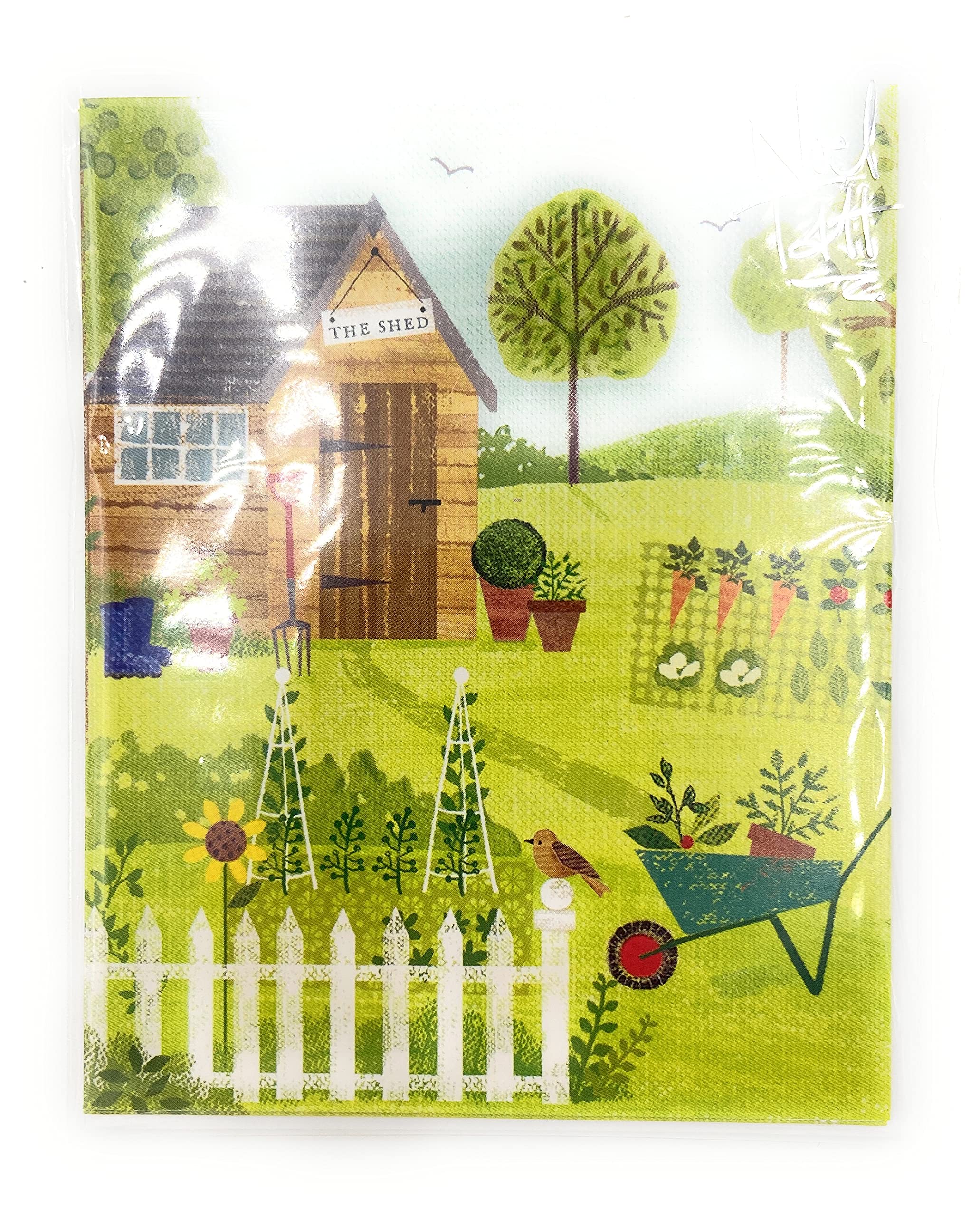 Noel Tatt 4x Small Cards (blank inside) Garden Scene with Wooden Garden Shed and Vegetable Patches (Design no.25)