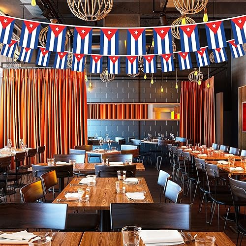 Miniatura 5 de G128 Bandera cubana de 8.2 x 5.5 pulgadas, cuerda completa de 33 pies, poliéster 150D impreso, decoraciones para bar, escuela, festivales y