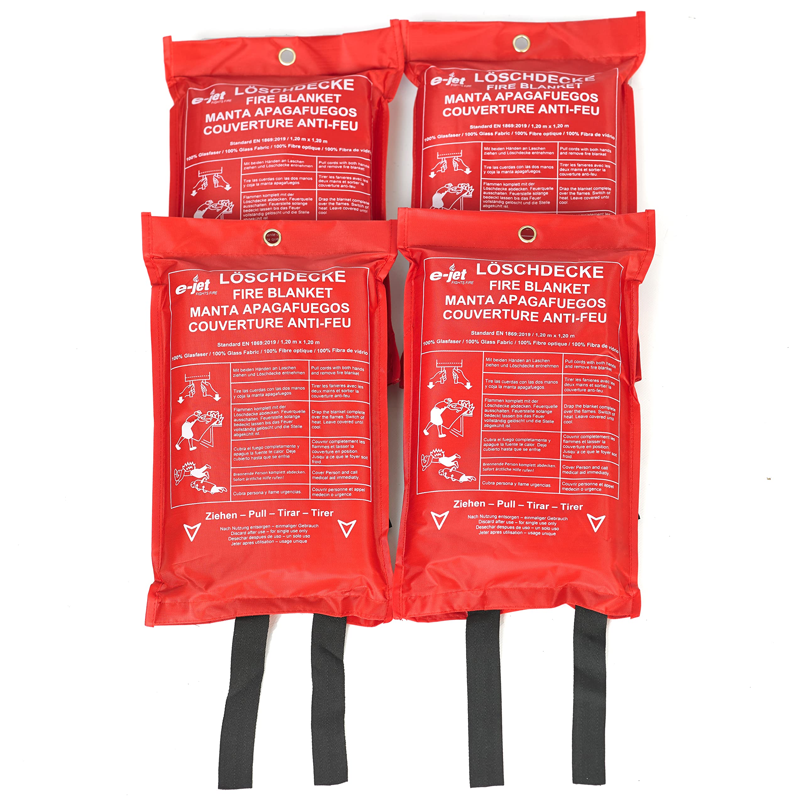 Manta ignífuga XL 120 x 120 cm – DIN EN 1896 Standard 2019 – Agente extintor de fibra de vidrio, color rojo señal, con ganchos, 4 unidades