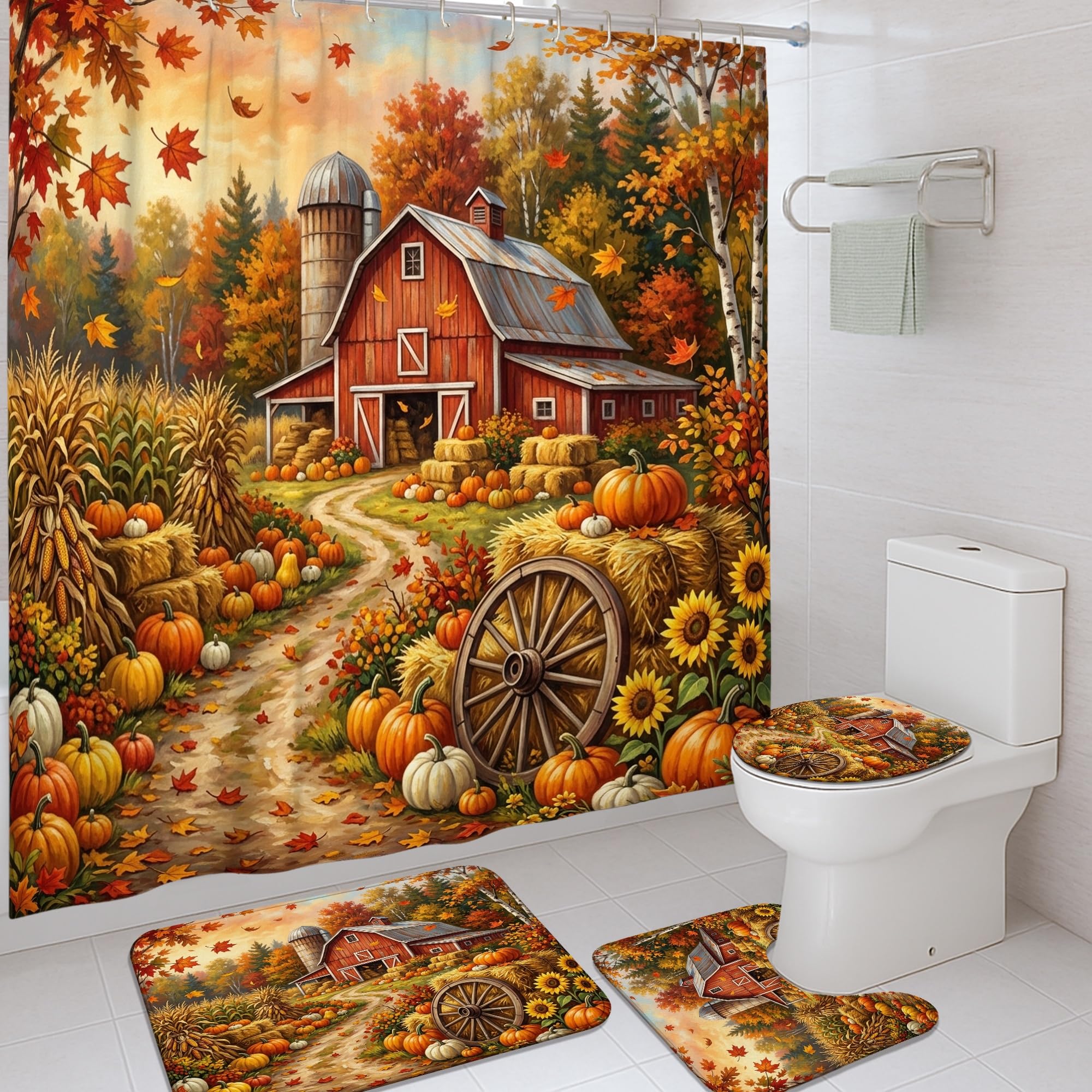 Ensemble rideau de douche orange 183x183 cm et tapis de bain rustiques pour dortoir