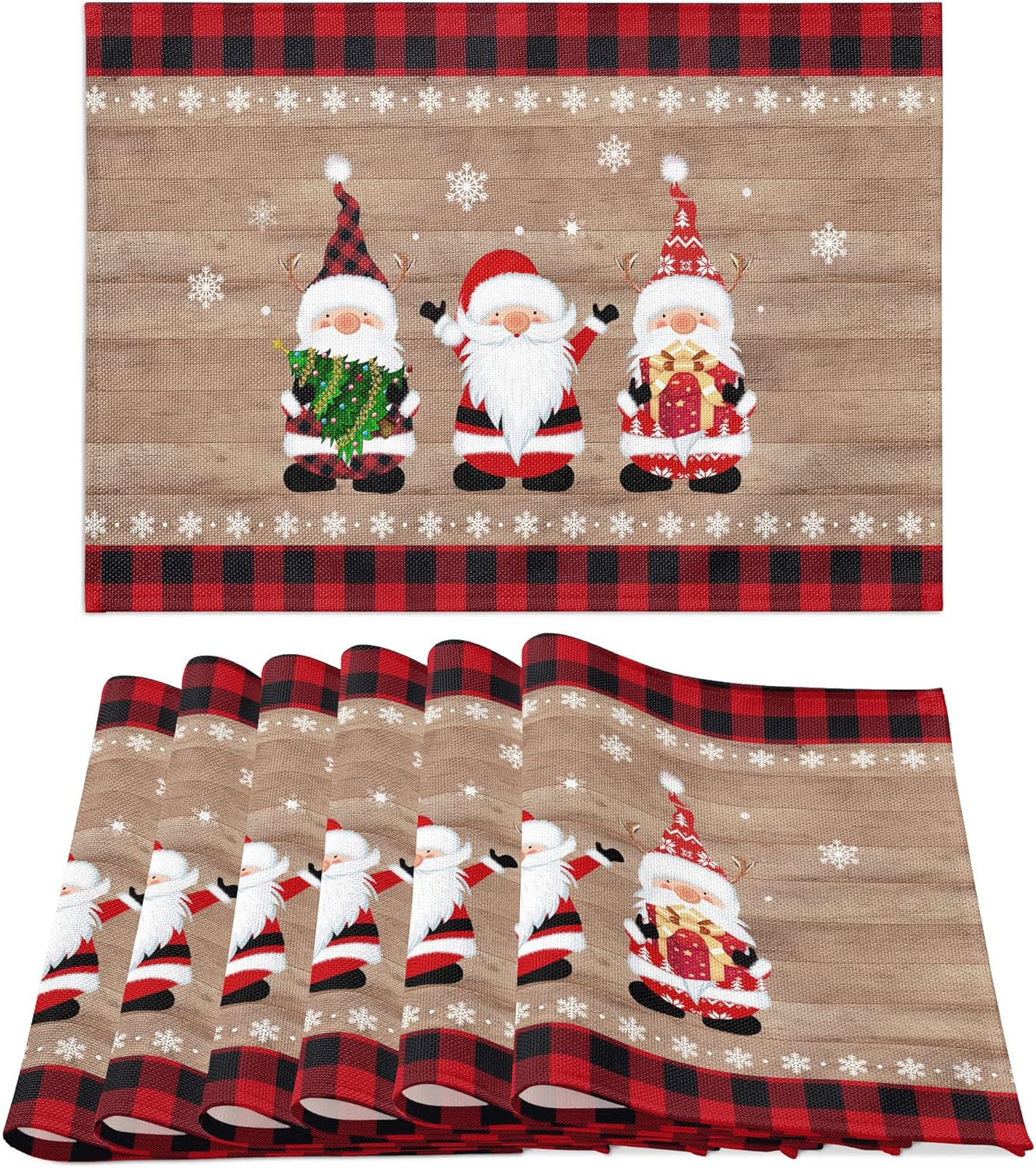 Christmas Placemats Set of 6, Winter Red Black Buffalo Plaid Xmas Gnome