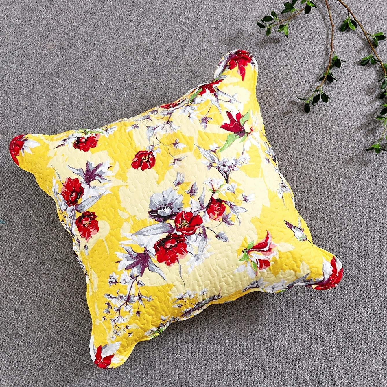 DaDa Bedding Yellow Hummingbird Quilted Euro Sham, 26 x 26 in | Quilted yellow floral Euro sham with hummingbird print and scalloped edges; 26 x 26 in cover, insert not included.