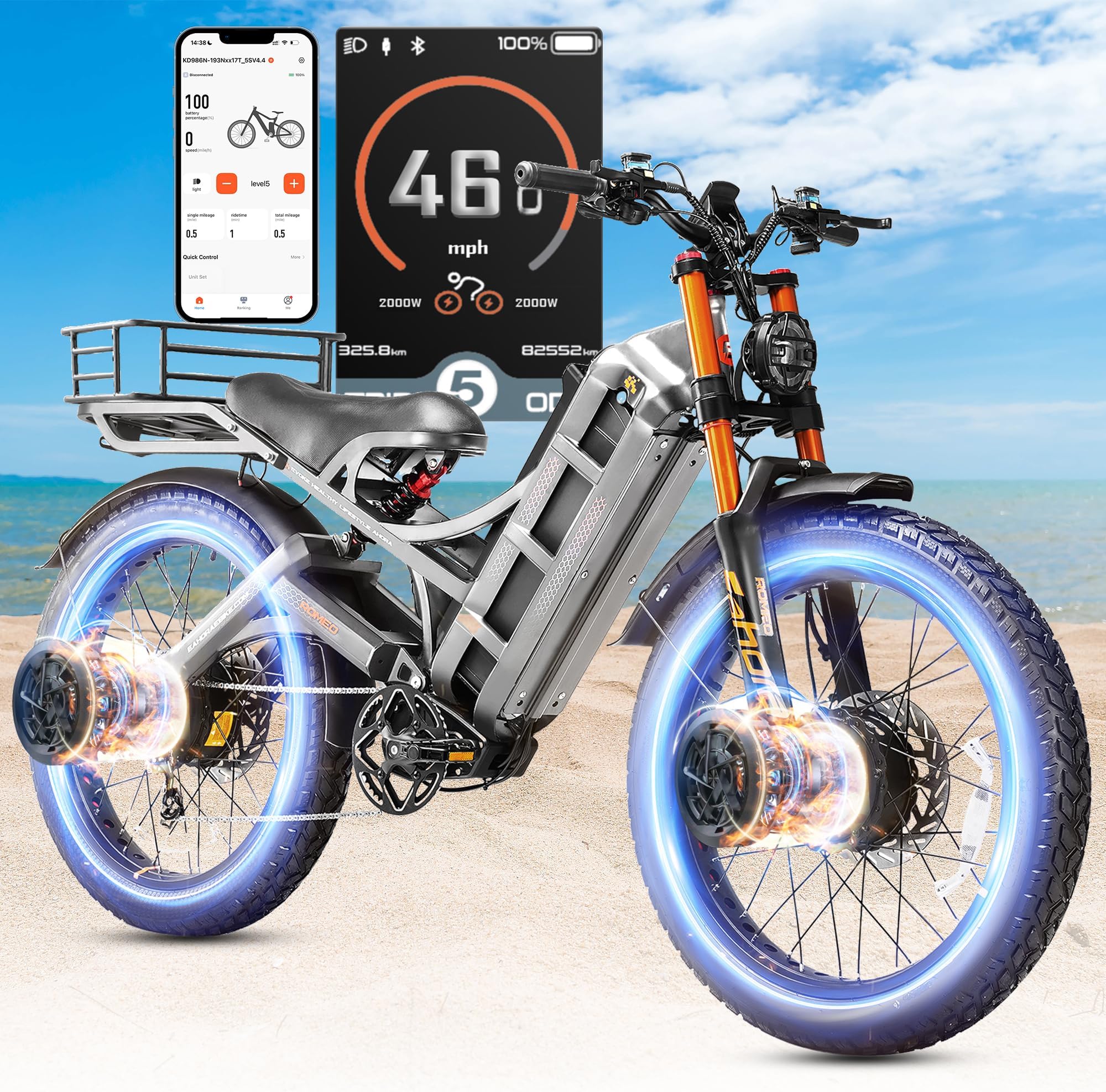 2026 eAhora Romeo Pro 3/2 50-46 Mph Electric Bike for Adults, 5600W/4000W/2500W Dual Motor Ebike 60V 80Ah/52V 70Ah Battery 200 Miles Long Range, 26*4.0"/20*4.5" Fat Tire, Full Suspension, All Terrain