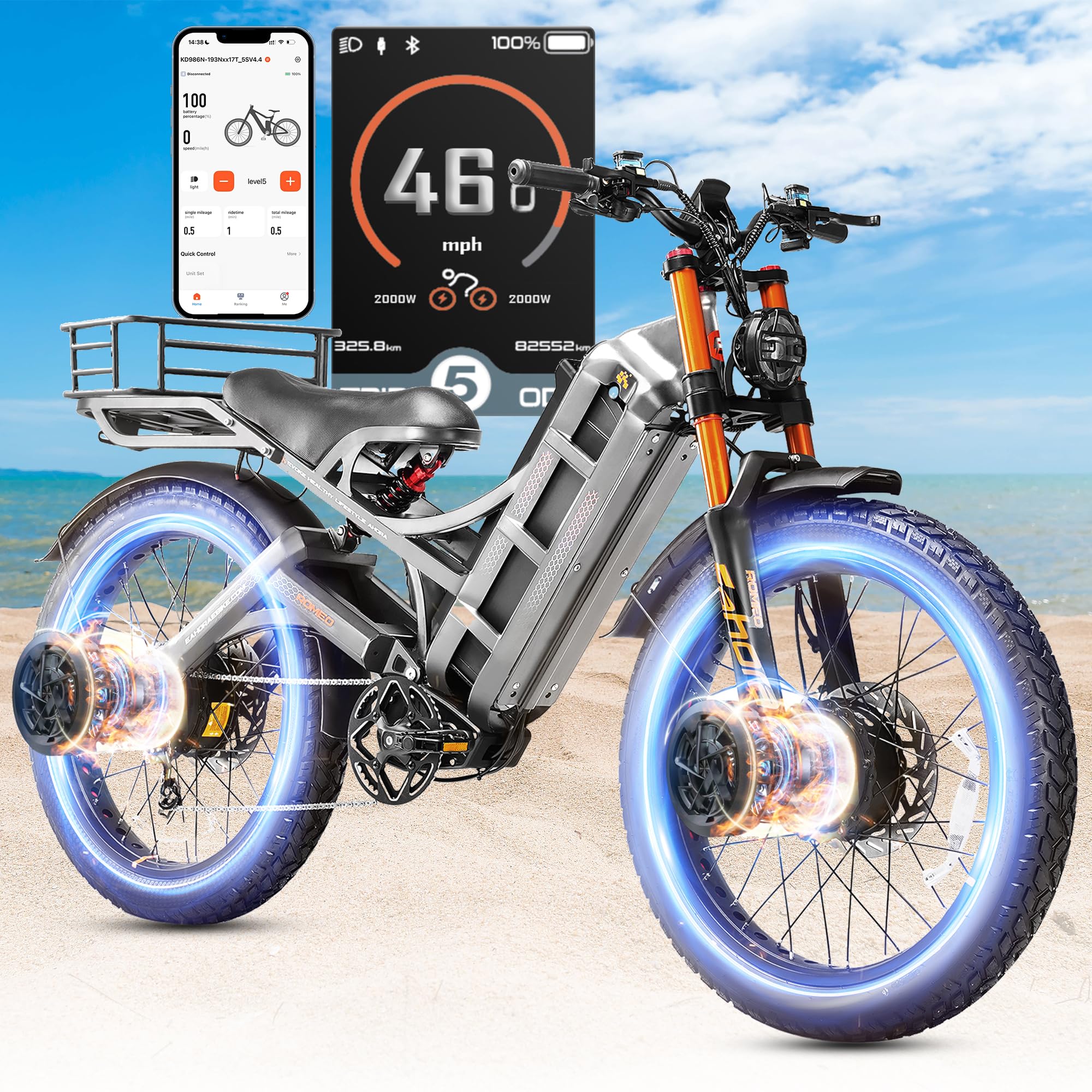 2026 eAhora Romeo Pro 3/2 52-46 Mph Electric Bike for Adults, 6000W/4000W/2500W Dual Motor Ebike 60V 80Ah/52V 70Ah Battery 235+Miles Long Range, 26*4.0"/20*4.5" Fat Tire, Full Suspension, All Terrain