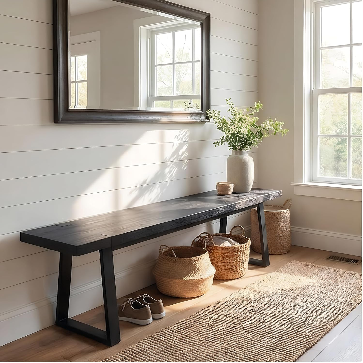 Wahson 60" Black Dining Bench, Wooden Table Bench with Metal Legs, Modern Kitchen Bench for Enrtyway/Indoor/Dining Room