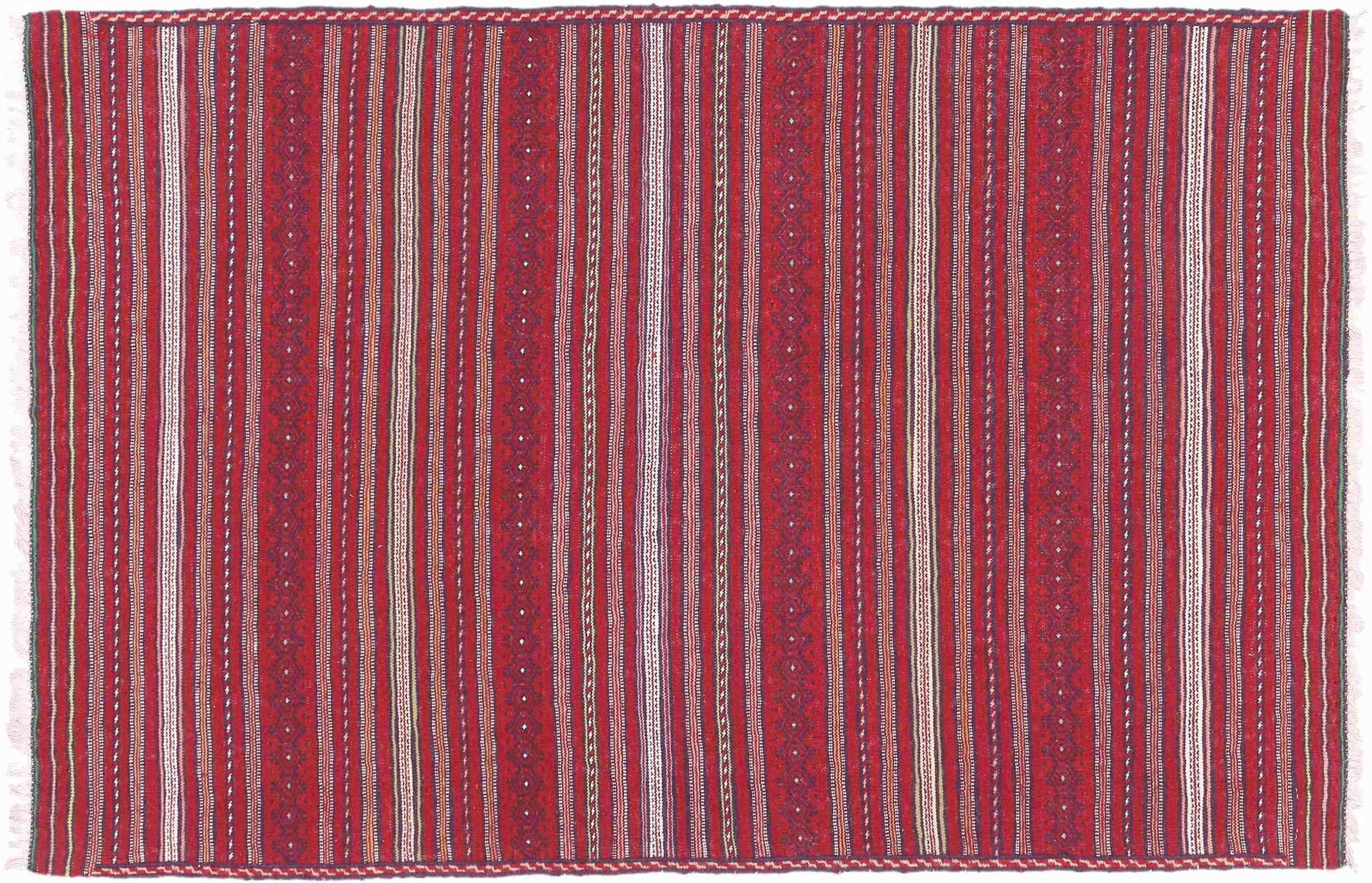 Tapis rouge géométrique afghan pour réchauffer l'ambiance du salon Soumakh 100x150