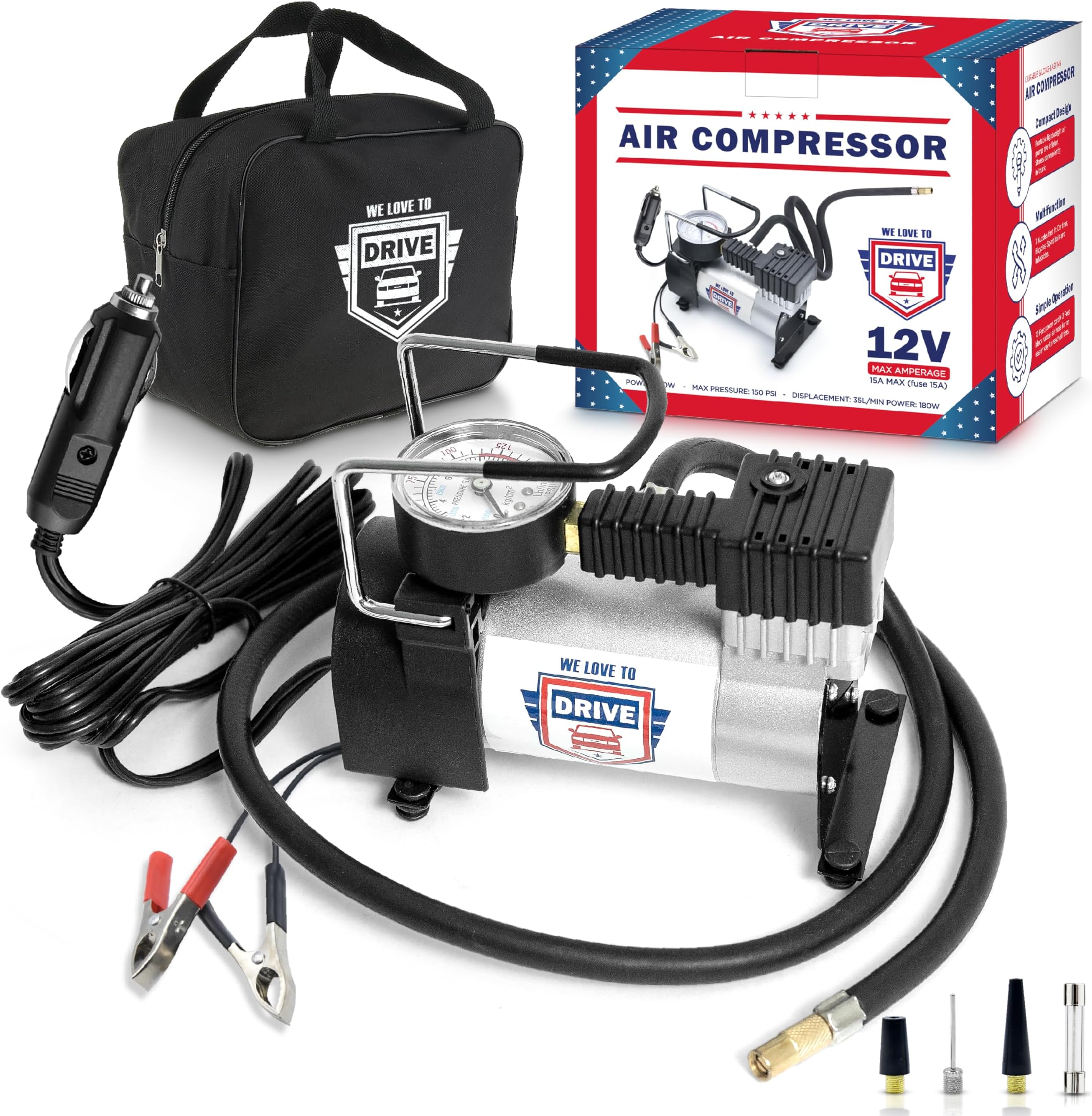 Tire Inflator Portable Air Compressor – 12V DC Air Pump for Car Tires, 150 PSI Electric Air Pump with Tyre Pressure Gauge – Corded Silver by WE LOVE TO DRIVE