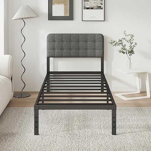Miniatura 13 de Base de cama individual con cabecero, marcos de cama individual de 14 pulgadas, no necesita somier, soporta hasta 2500 libras, sin ruido, fácil de