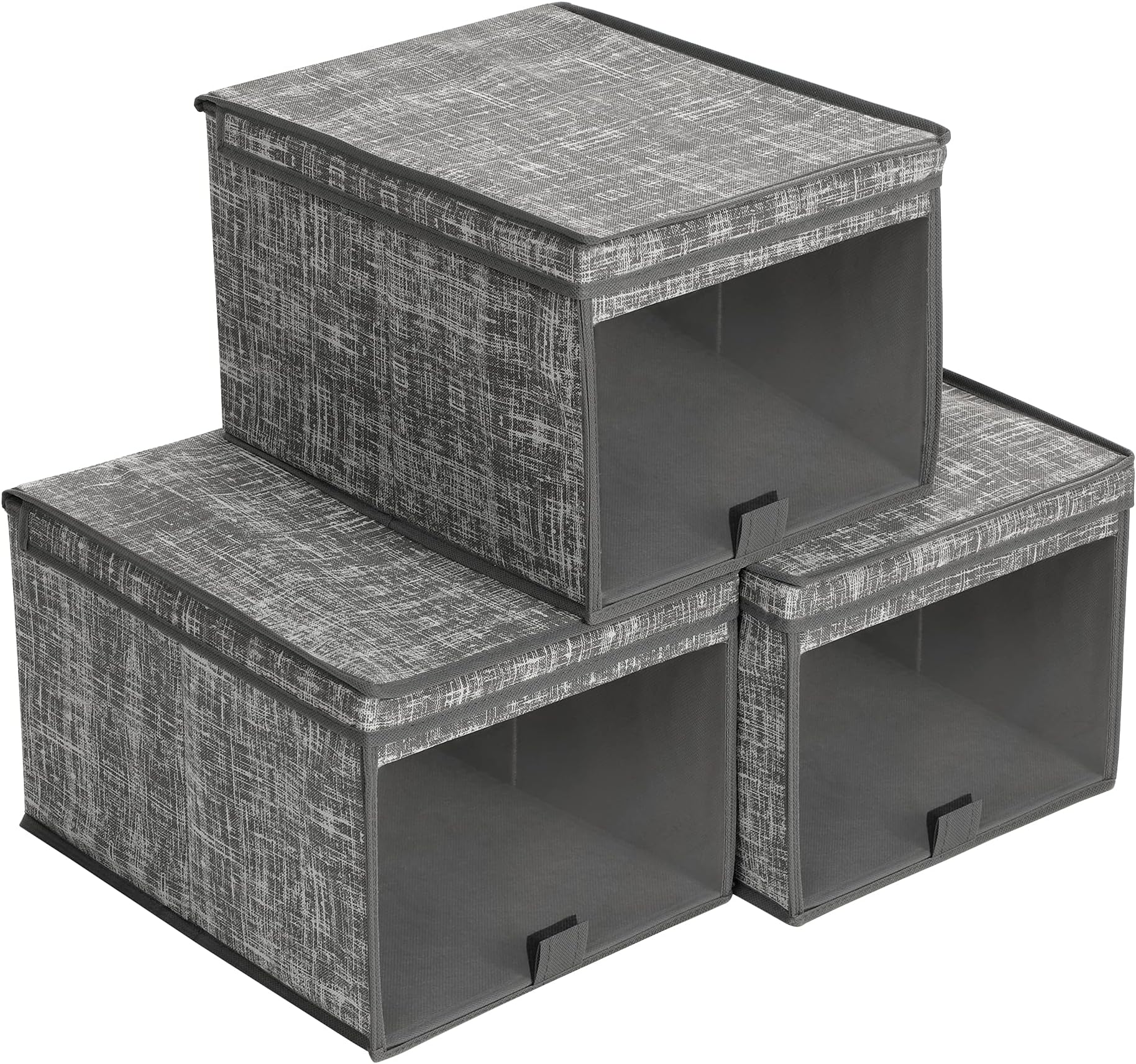 SONGMICSFabric Storage Boxes, Set of 3 Storage Bins with Clear Front Window, Lid, and Tab for Clothes, Linen Pattern, Grey RFB103G01