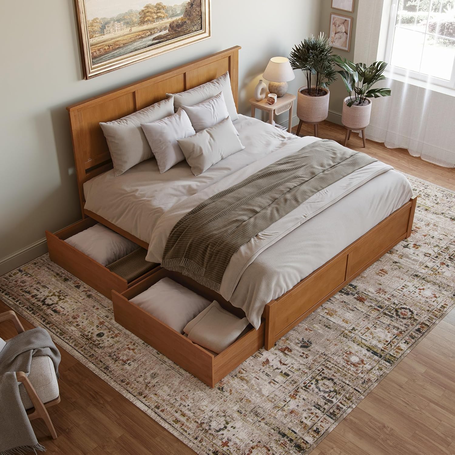 AFI, Madison King Platform Bed with Footboard and Storage Drawers, Light Toffee