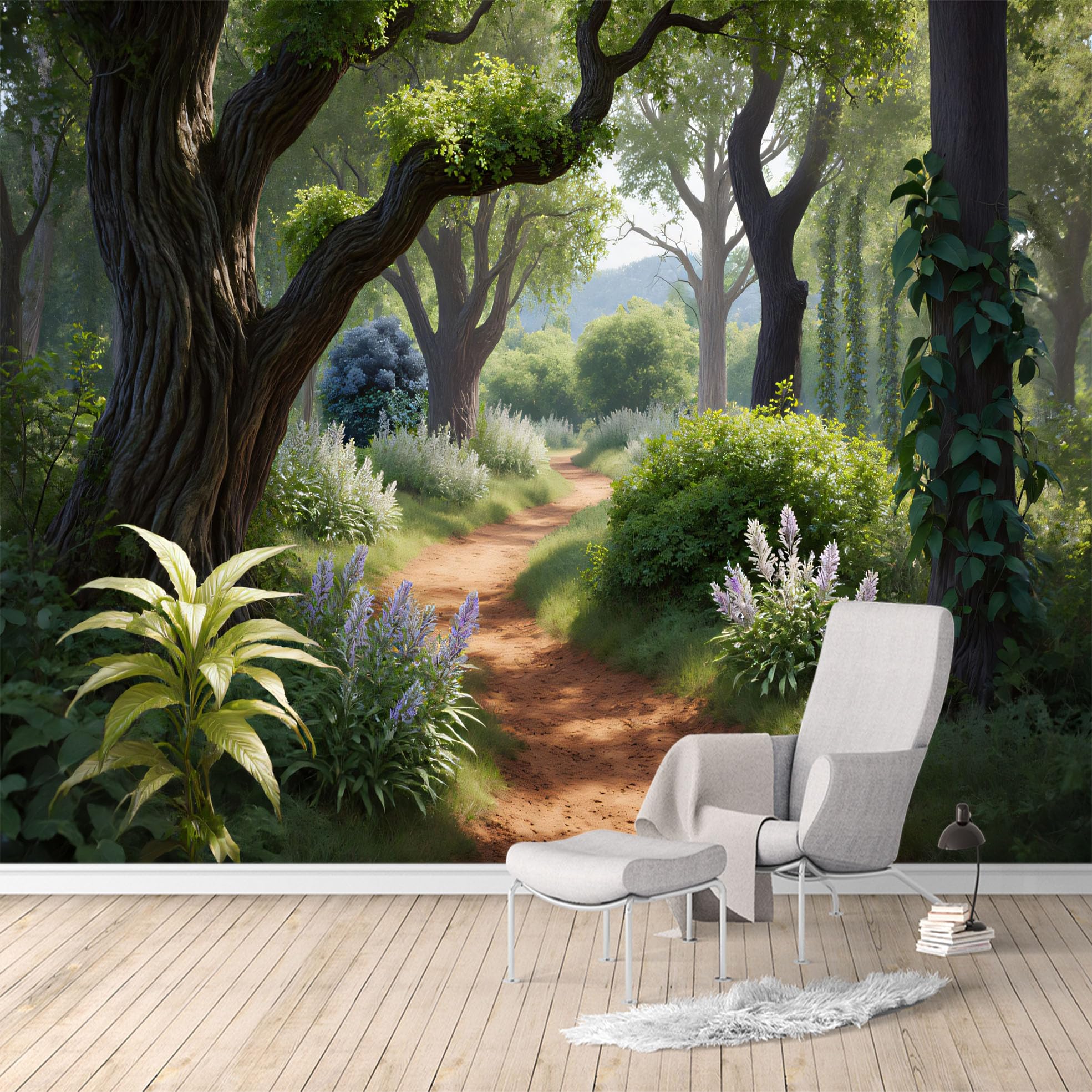 Custom Size Wall Murals,Forest Pathway with Sunlight Trees and Wildflowers,SelfAdhesive Water Activated Removable Wall Covering,Large Photo Wallpaper for Living Room Bedroom Office