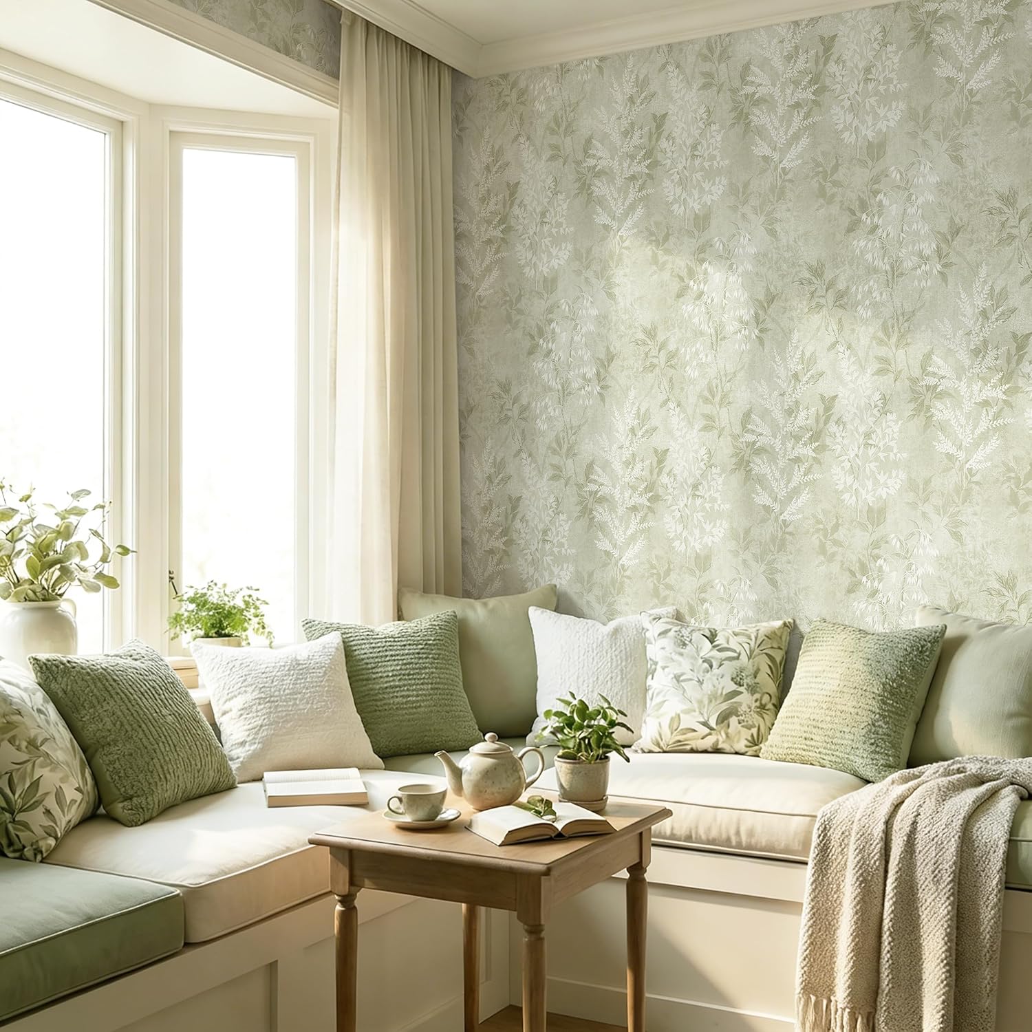 EeeComing Grass Green Vintage Plants Peel and Stick Wallpaper Cottage Self Adhesive Removable Easy Peel Off Stick on Wall Paper for Bedroom Living Room Kitchen Cabinet Renter 17.3in x 78.7in