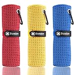 Handy Picks Microfiber Golf Towel (16 X 16) with Carabiner Clip, Waffle Pattern Golf Towel Hook and Loop Fastener - The Convenient Golf Cleaning Towel Red/Blue/Yellow
