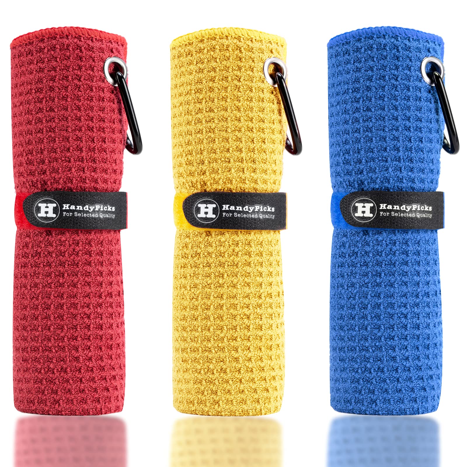 Handy Picks Microfiber Golf Towel (16" X 16") with Carabiner Clip, Waffle Pattern Golf Towel Hook and Loop Fastener - The Convenient Golf Cleaning Towel Red/Blue/Yellow