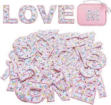 Jongdari 26pcs Iron on Letters for Clothing, Flower Embroidery Varsity Alphabet Letterman Decorate Repair Patches with Ironed Adhesive for Shirts Jackets Hats Jeans Shoes Bags - Pink