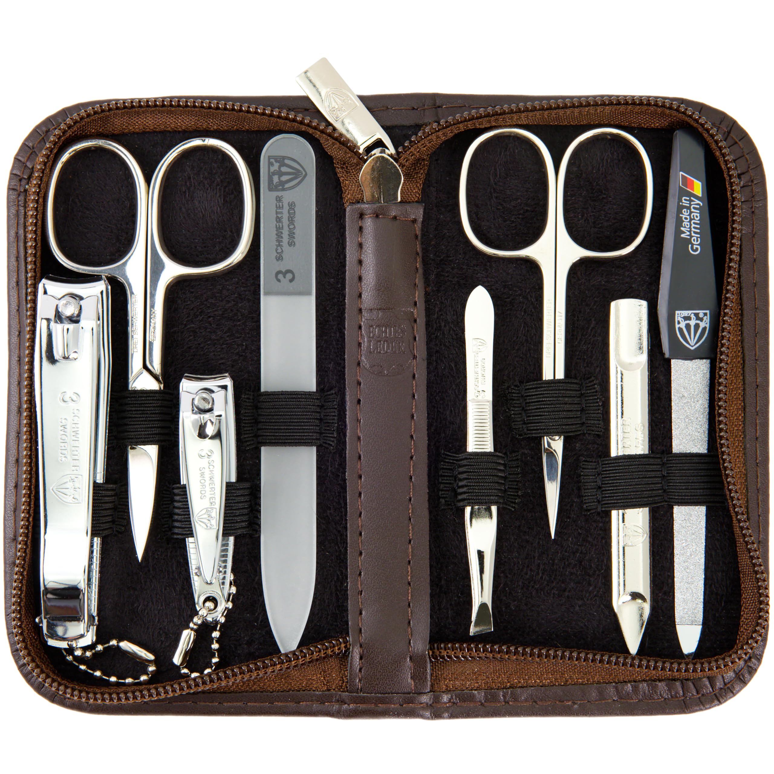 3 Swords Germany – Set di 8 pezzi per manicure e pedicure professionale per la cura delle unghie delle dita e dei piedi – Custodia in vera pelle in confezione regalo, Made in Solingen Germany (03645)