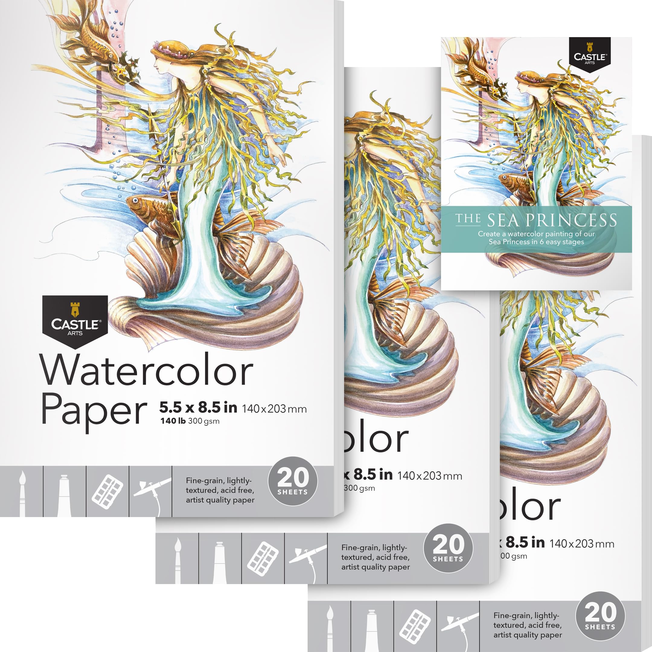 Castle Art Supplies Watercolour Sketchpad Paper 5 x 8in, white, 5 x 8, 3-pack