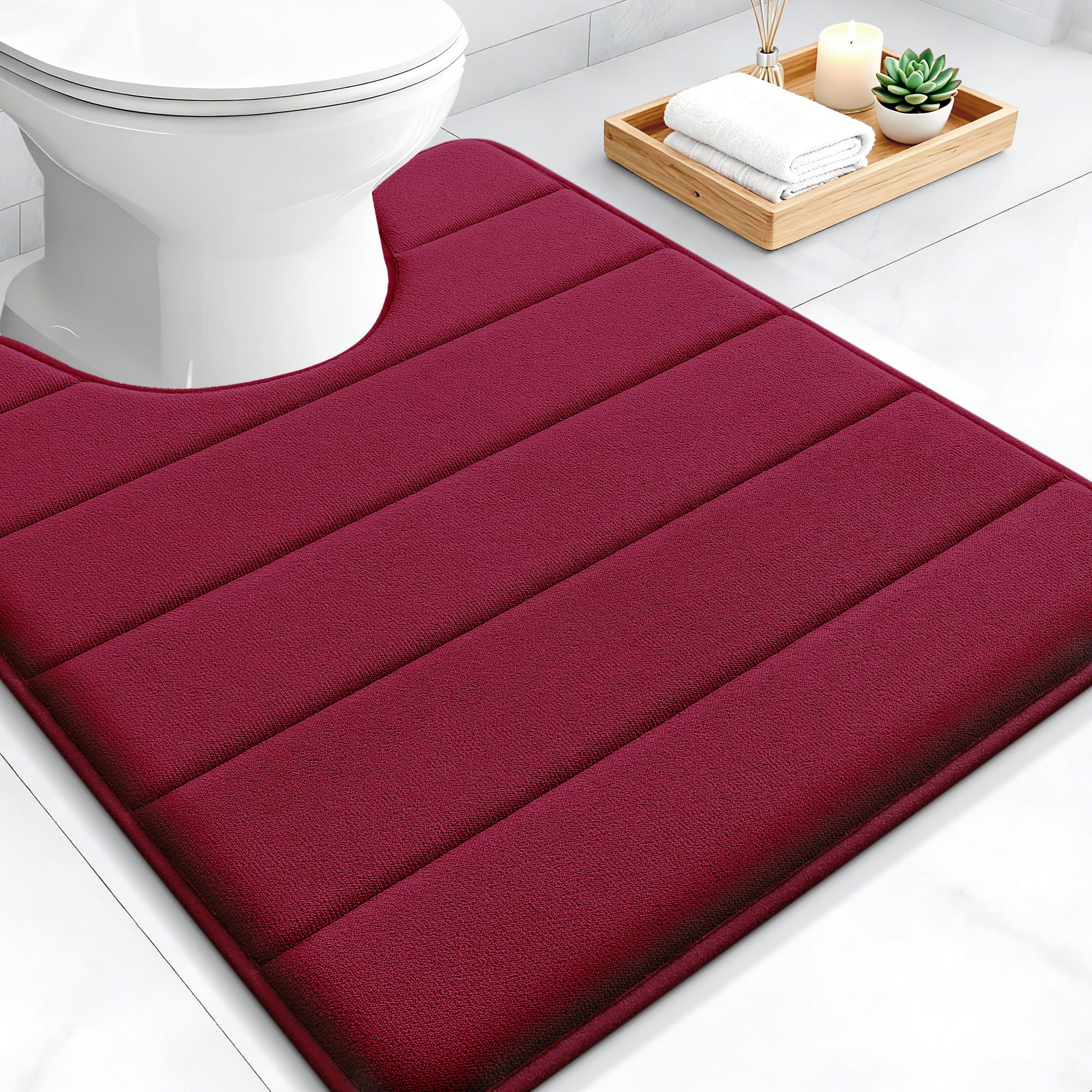 smiry Memory Foam Toilet Mat 50 x 60 cm U-Shape Pedestal Mat Wine Red