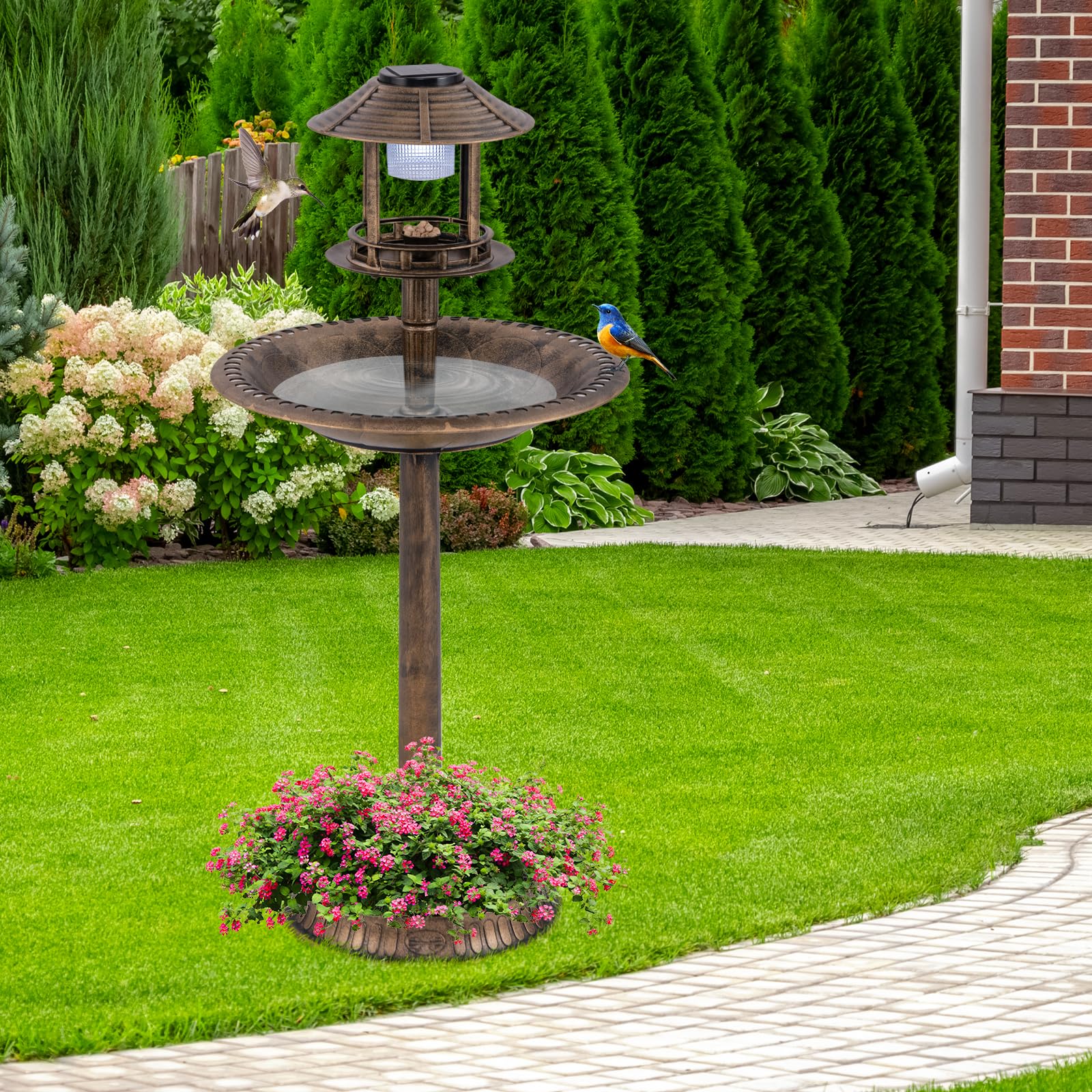 COSTWAY Vogeltränke mit Solarleuchte, Blumentopf, Vogelfutterhaus & Ständer, Vogelfutterstation Retro, Futterspender Vogelfutterspender, Wildvögel Vogelbad Garten, Ø50x107cm (Bronze)