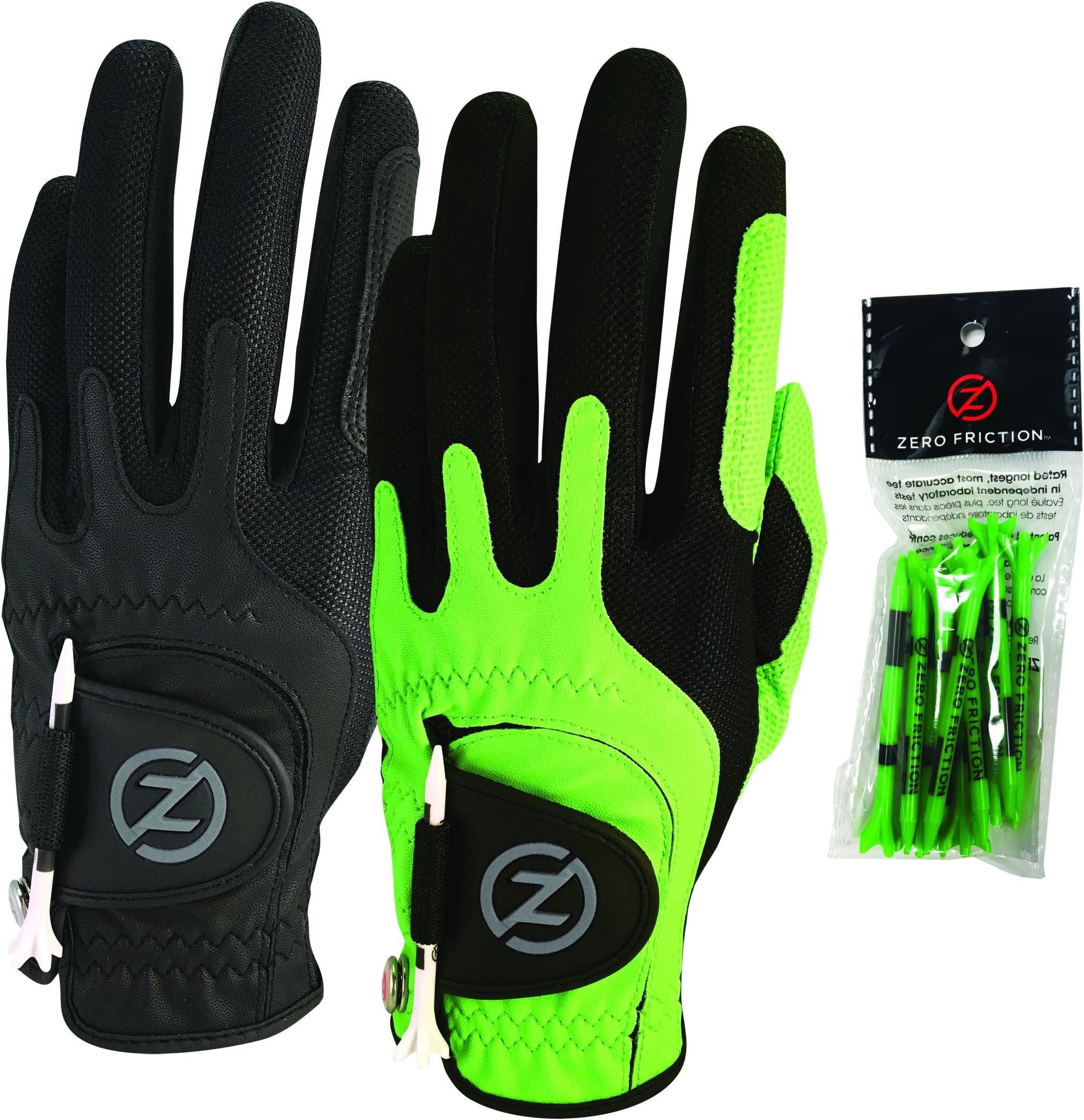 Zero Friction Men's Compression-Fit Synthetic Golf Glove, Universal Fit One Size (Pack of 2) with Pack of Golf Tees