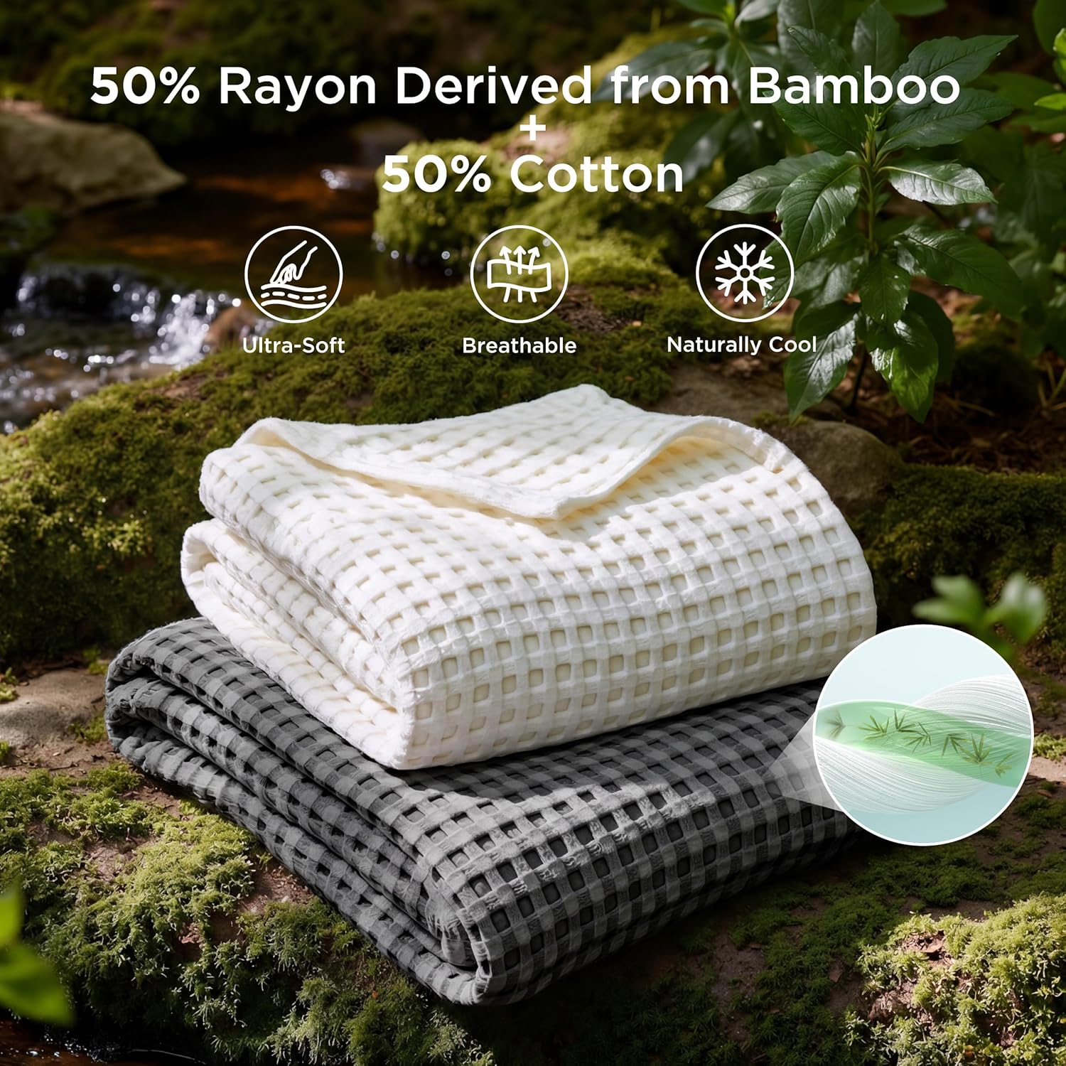 bedsure cooling cotton waffle full size blanket - lightweight breathable blanket of rayon derived from bamboo for hot sleepers, luxury throws for bed, couch and sofa, dark grey, 80x90 inches full (80" x 90") dark grey