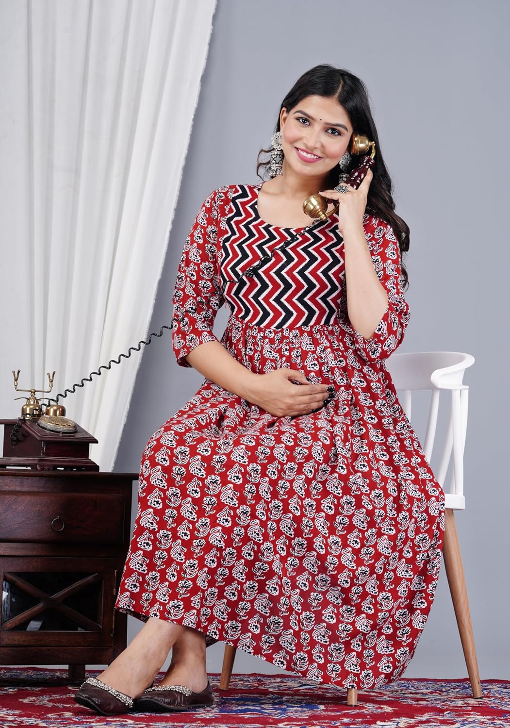 Women Cotton Printed Maternity Dress with Hidden Zipper