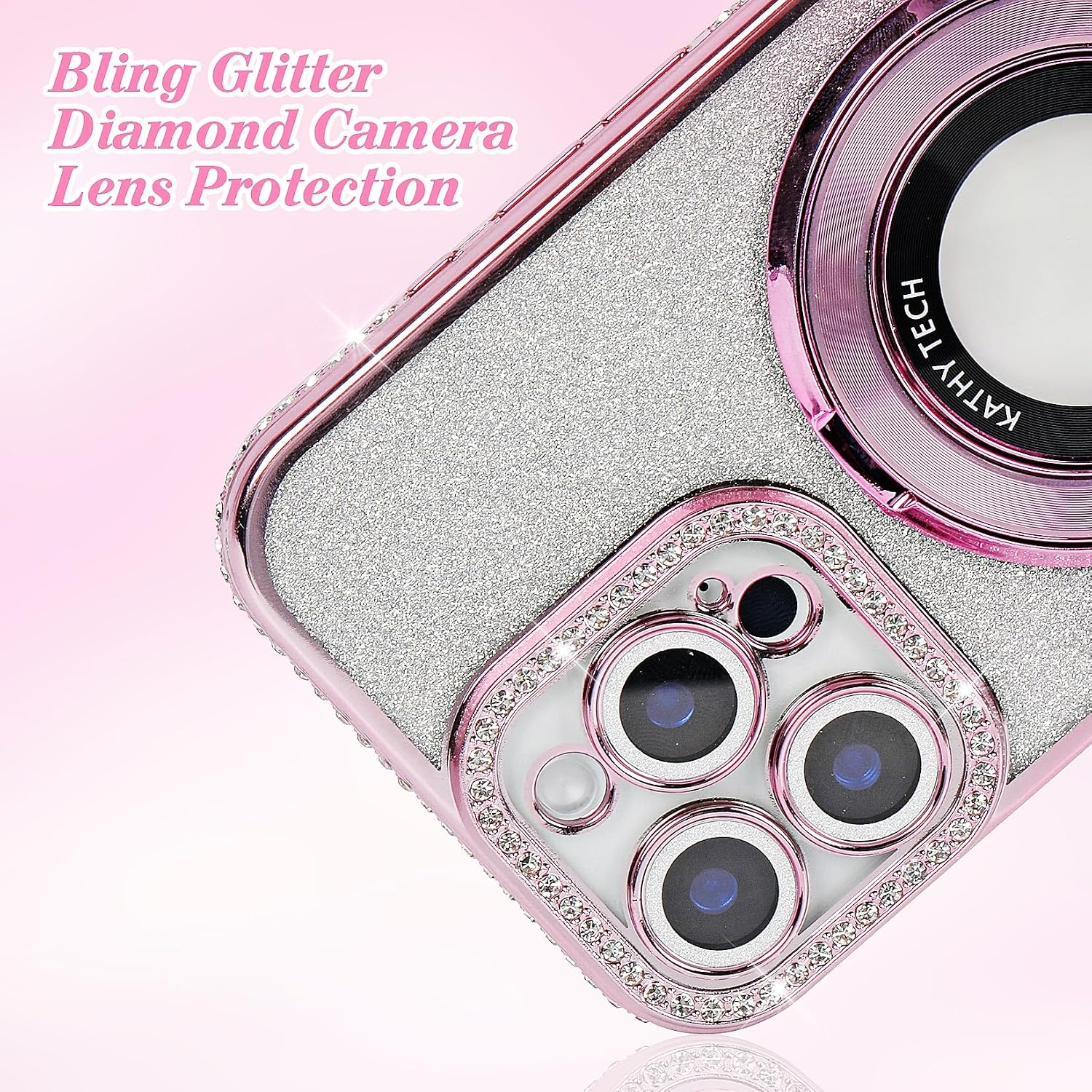 for iPhone 17 Pro Max Magnetic Kickstand Bling Case,Camera Lens Protector Luxury Electroplated Diamond Glitter Women Girls Kids Soft TPU Cover Case for iPhone 17 Pro Max 6.9 inch,Pink