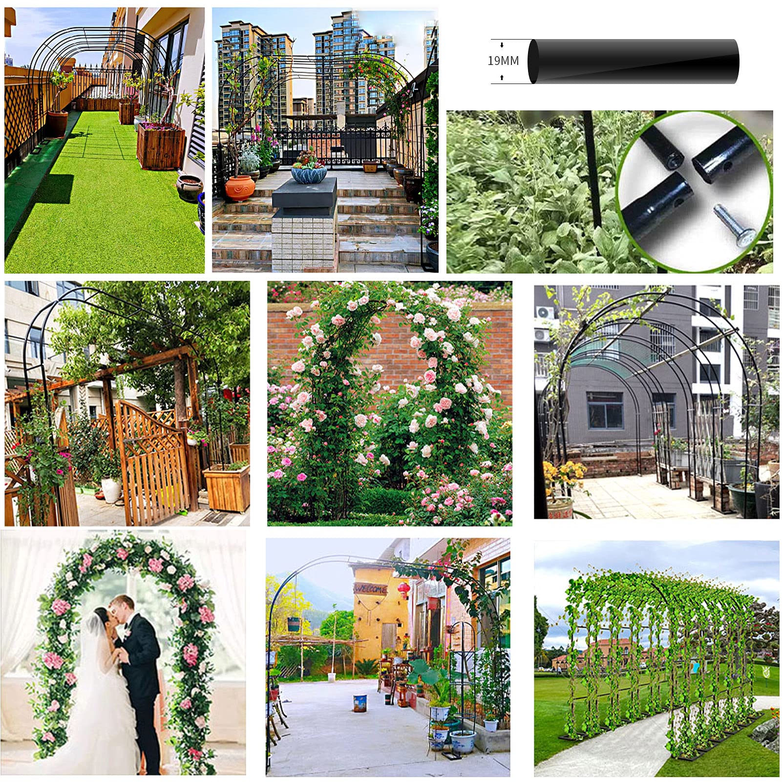 Metalowy łuk ogrodowy, dekoracja ślubna, różana altana, wolnostojąca pergola do roślin pnących, odporna na warunki atmosferyczne, krata, średnica 19 mm, trawnik do ogrodu, biały, 200 x 23