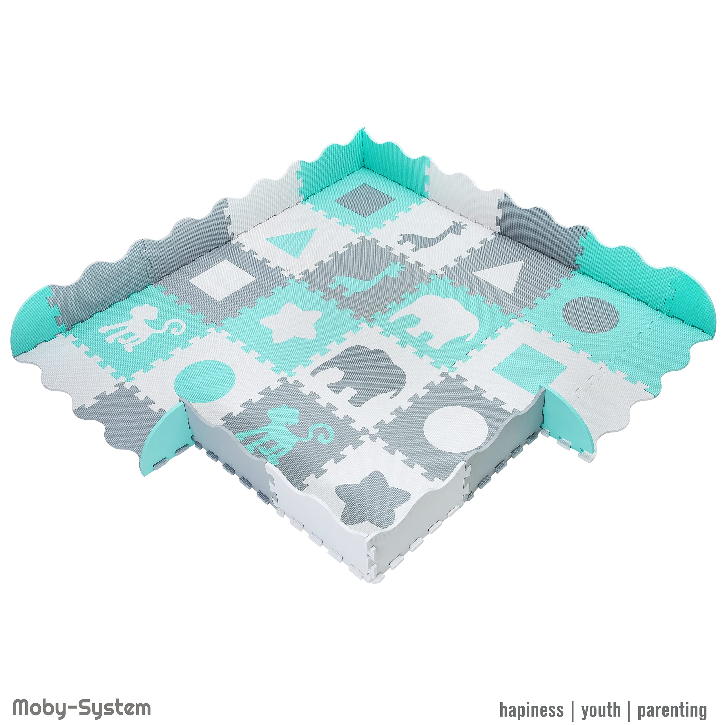 Moby-System Tapete Puzzle para Bebés 150x150cm - Alfombra Puzzle Antideslizante para Gatear y Jugar - Alfombra Bebe Impermeable con Diseños Educativos - Plegable y Lavable