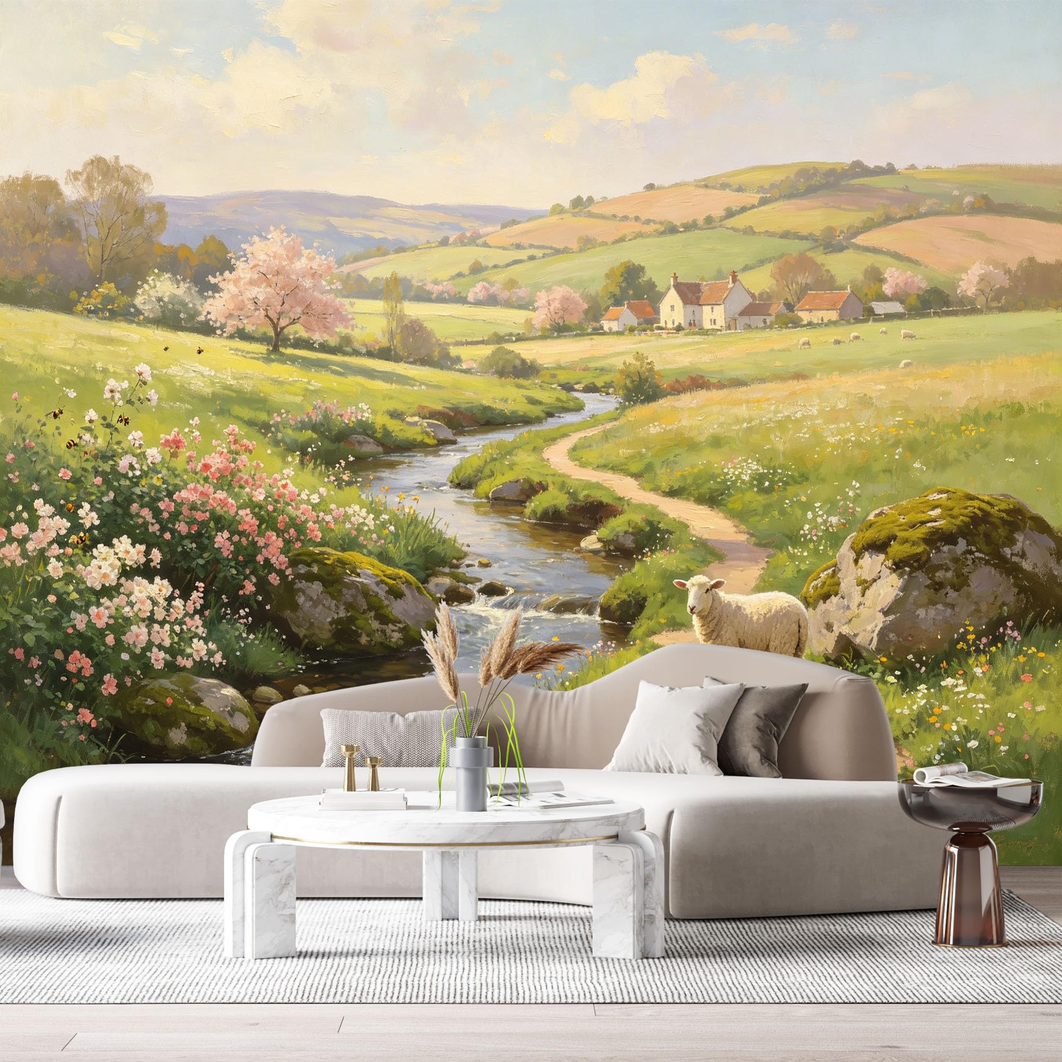 Custom Size Wall Murals Farmhouse Countryside Creek Sheep Floral Oil Painting SelfAdhesive Wall Fabric Removable Large Wallpaper for Photo Living Room Interior Decor