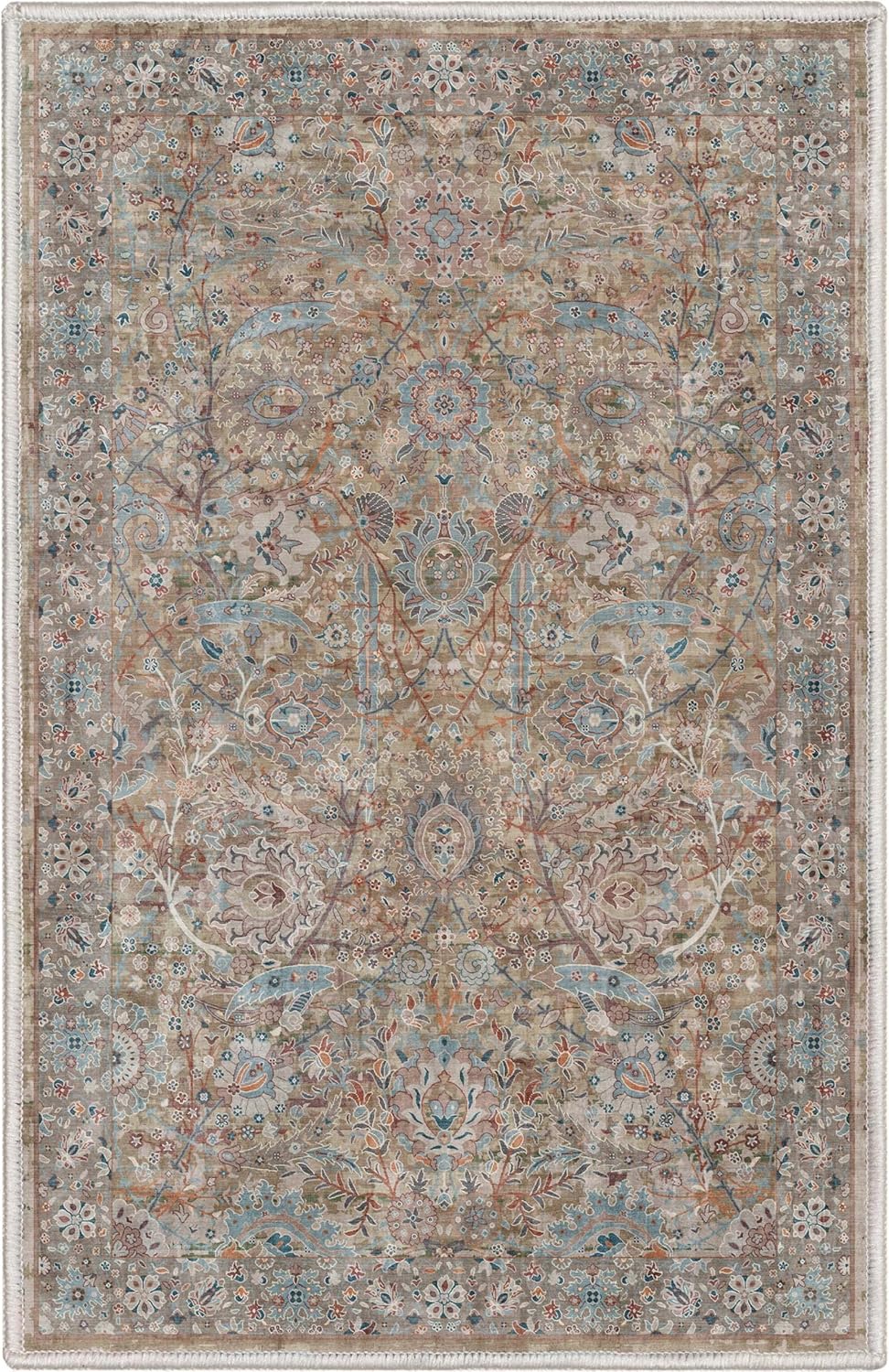 Well Woven Asha Collection Elegant Beige & Blue Oriental 2x3 Accent Doormat Perfect for Entryway or Kitchen Ideal for High-Traffic Areas with Vintage-Inspired Low Pile