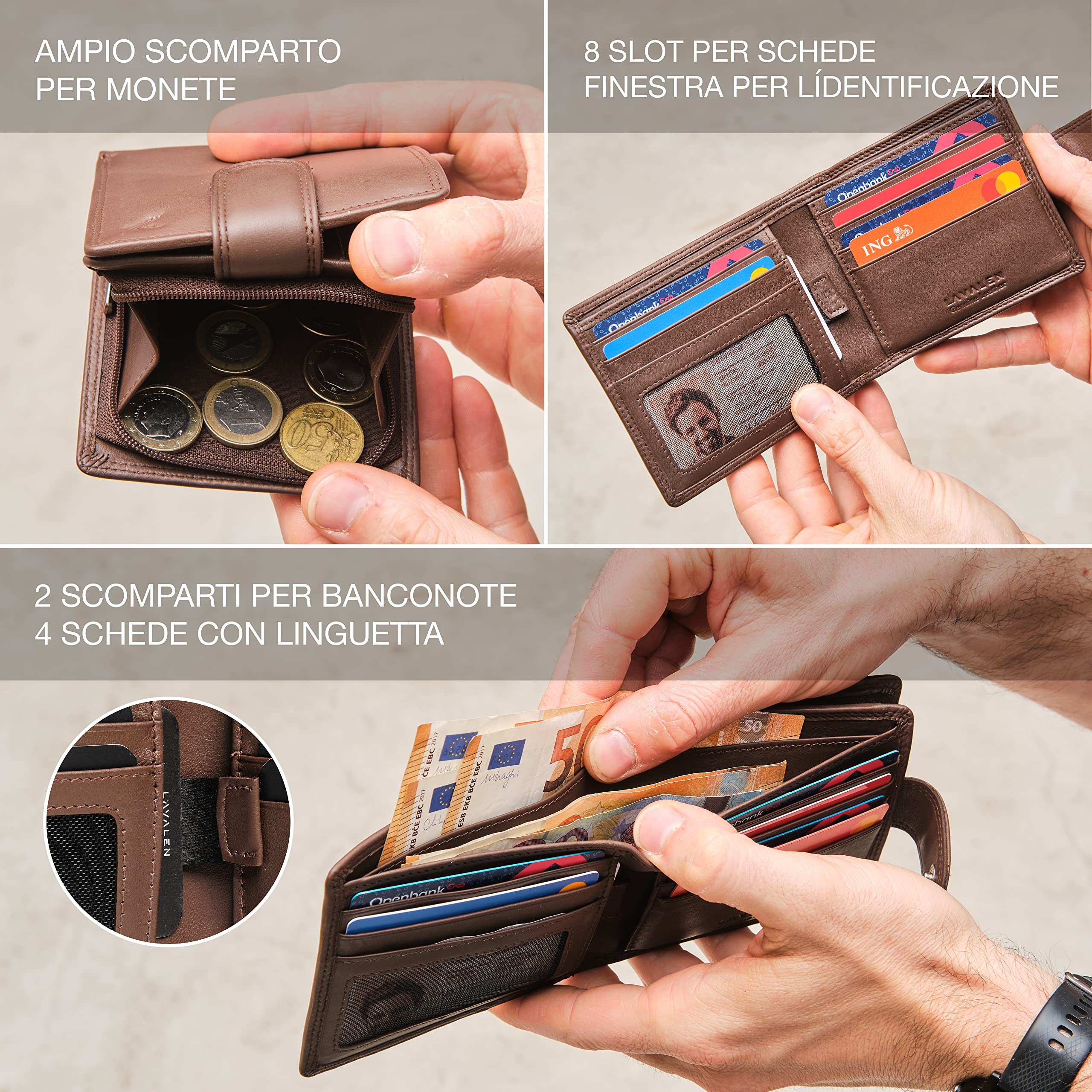 Lavalen® Portafoglio Uomo Pelle Vera con Blocco RFID - Portamonete Uomo con Cerniera Fatto a Mano - Portafoglio Ragazzo Grande Capacità - Portafoglio Porta Carte di Credito Regalo Uomo Perfetto.