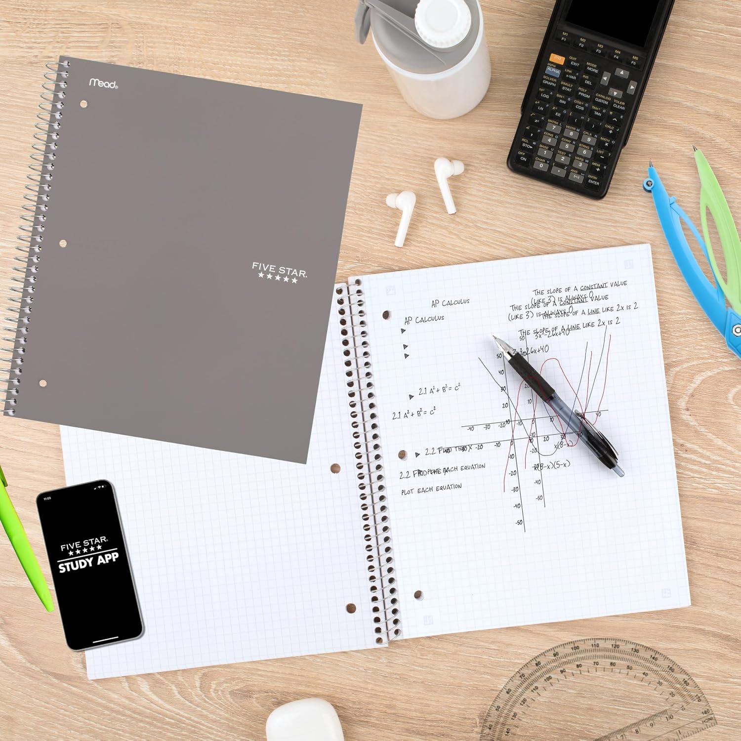 Five Star Spiral Notebook + Study App, 1 Subject, Graph Ruled Paper, 8-1/2" x 11", 100 Sheets, Fights Ink Bleed, Water Resistant Cover, Gray (620000AA3) image 3