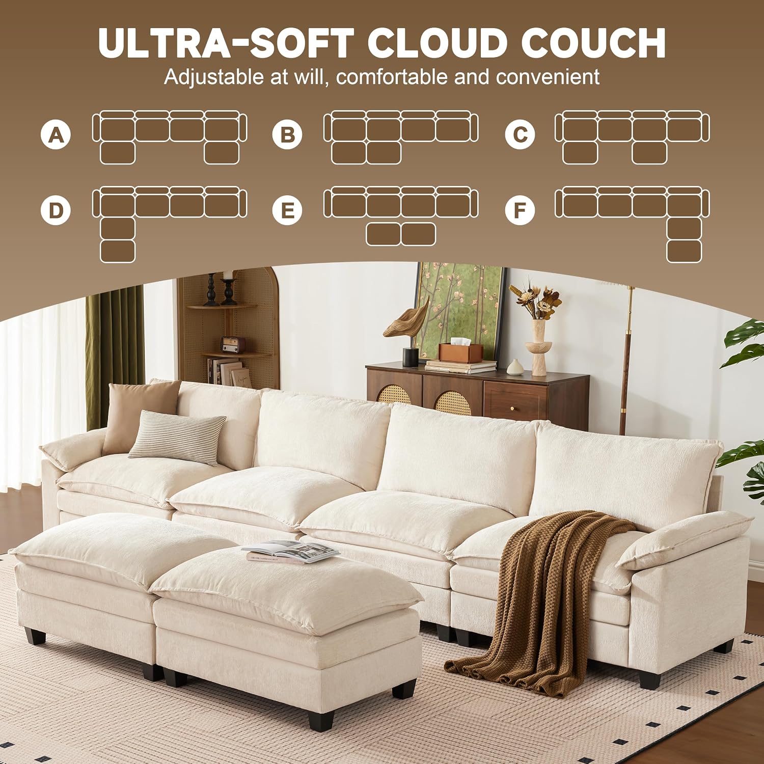143.4 Inch Beige U-Shaped Modular Sectional Sofa with Ottoman Oversize Deep Seat Couch